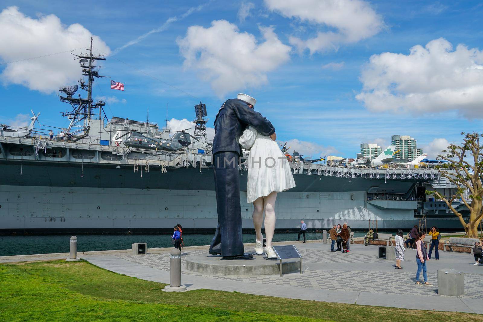 Kissing sailor statue, Port of San Diego. also known as Unconditional Surrender, recreates famous embrace between a sailor and a nurse celebrating the end of second world war. USA. February 12, 2021