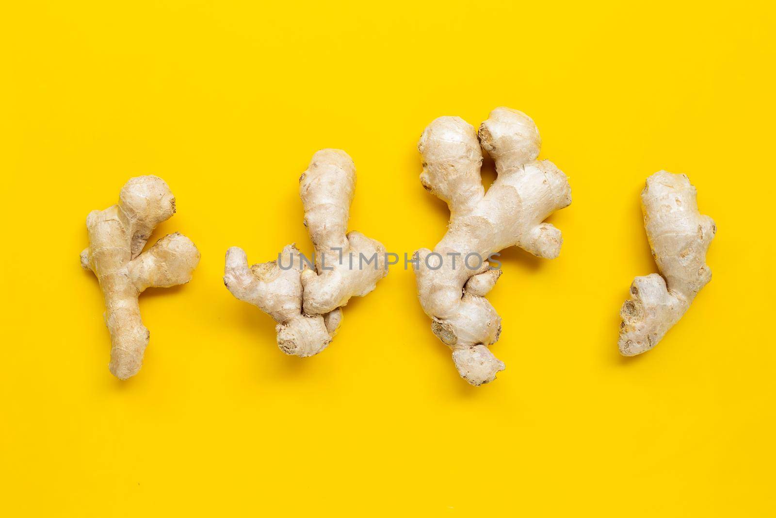 Ginger on yellow background.  Top view