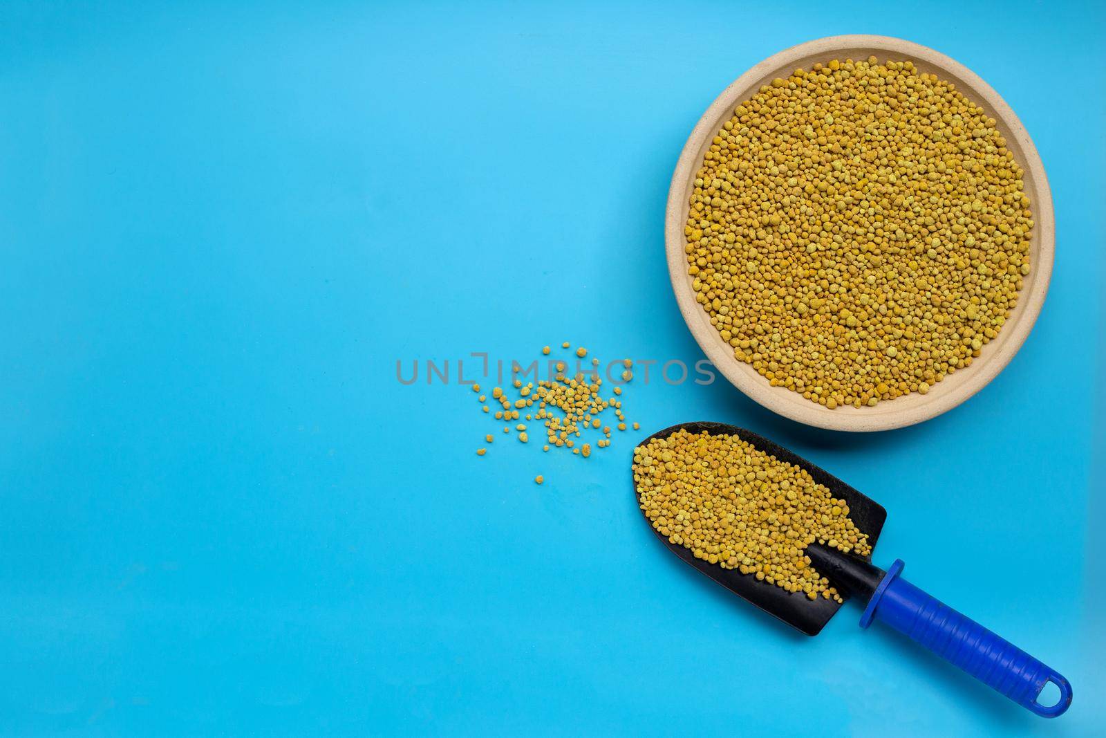 Chemical fertilizer for planting and plantation. Copy space