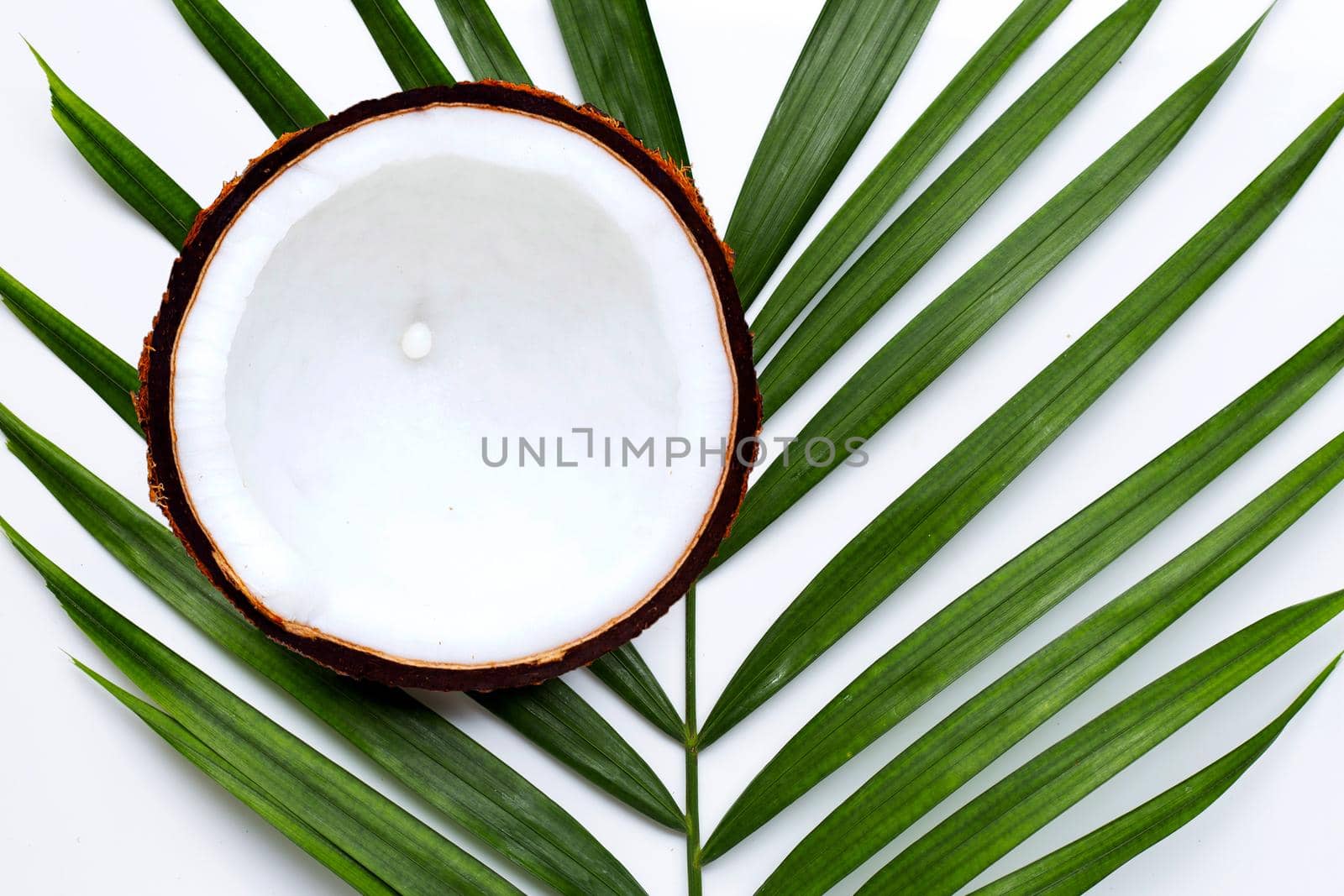 Half coconut on tropical palm leaves on white background. Top view