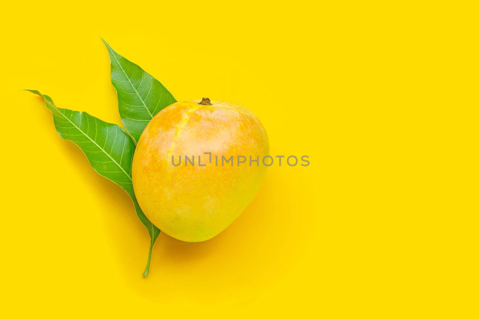 Tropical fruit, Mango on yellow background. Top view
