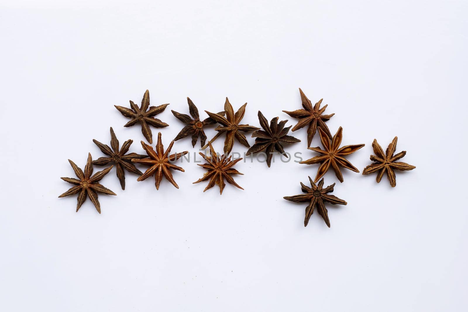 Star anis on white background. Top view