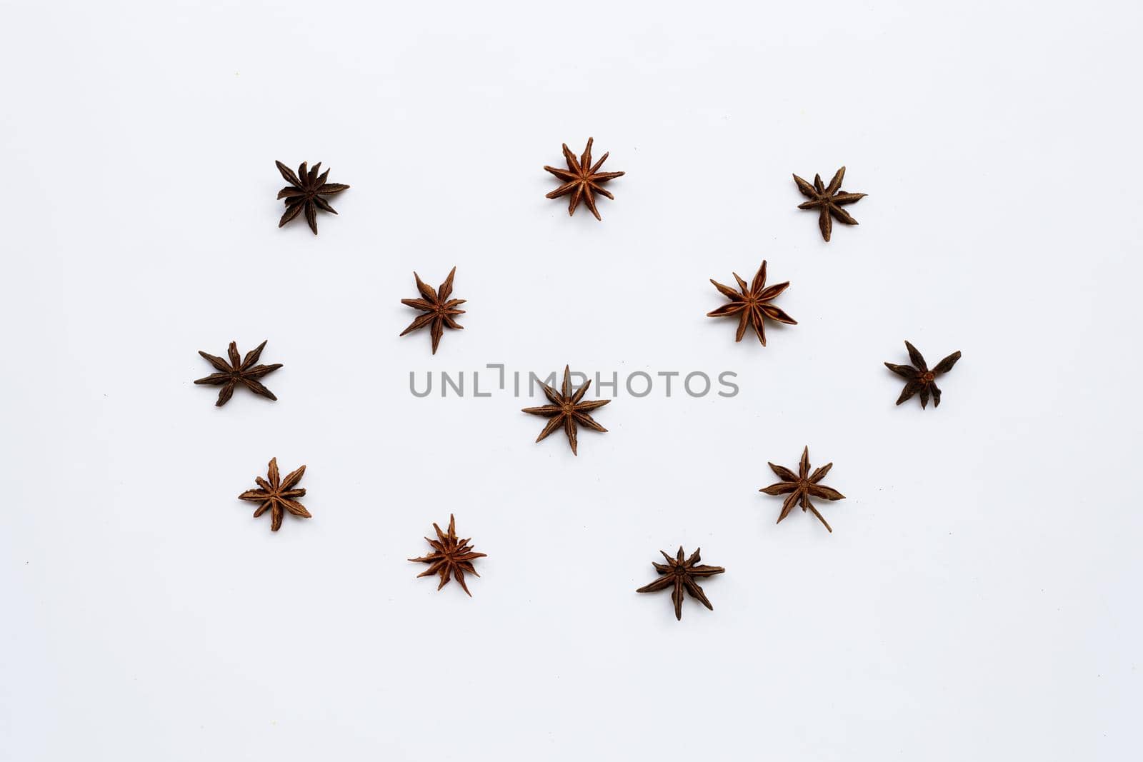 Star anis on white background. Top view