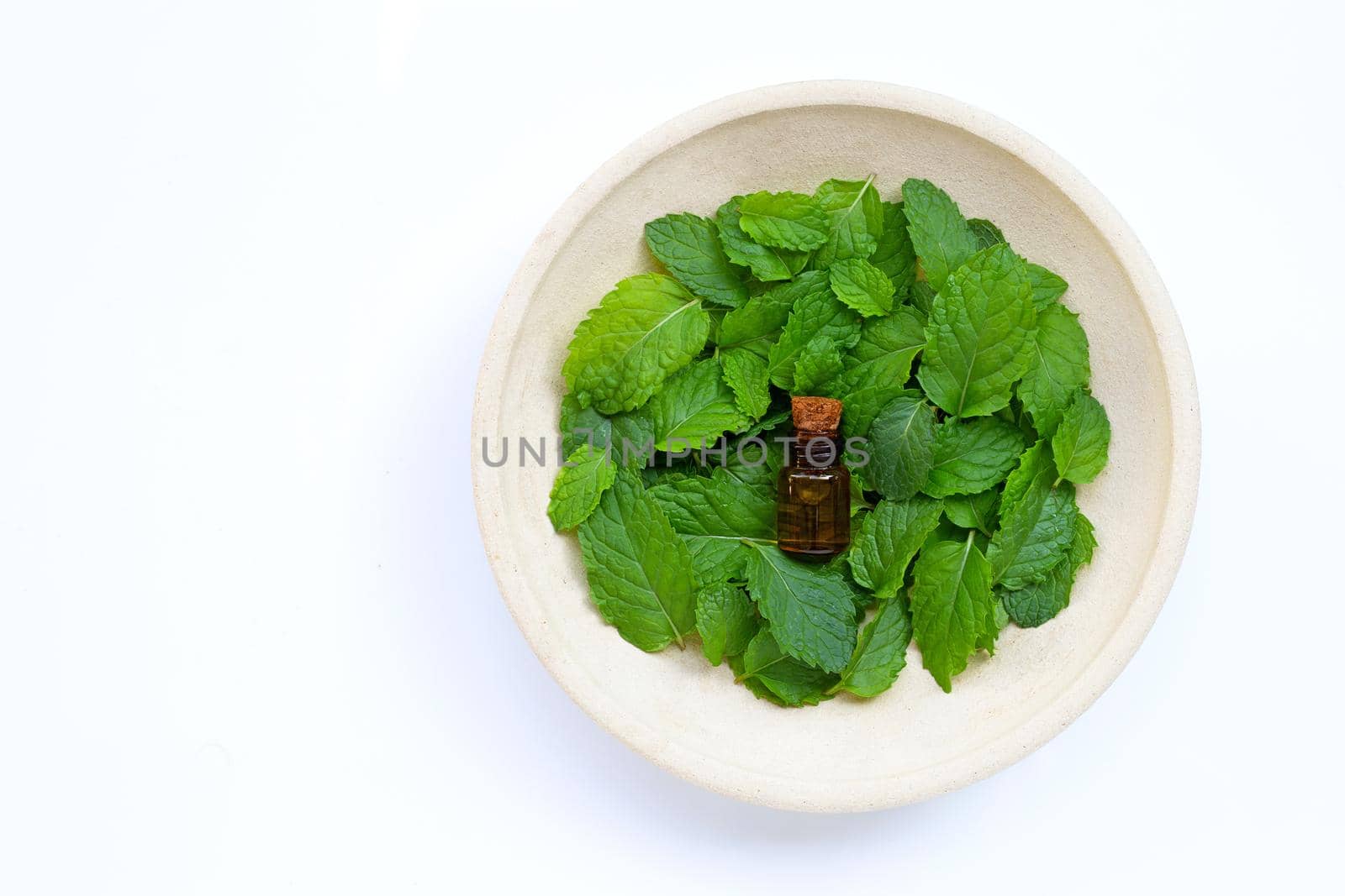 Essential oil bottle with fresh mint leaves on white background. Copy space