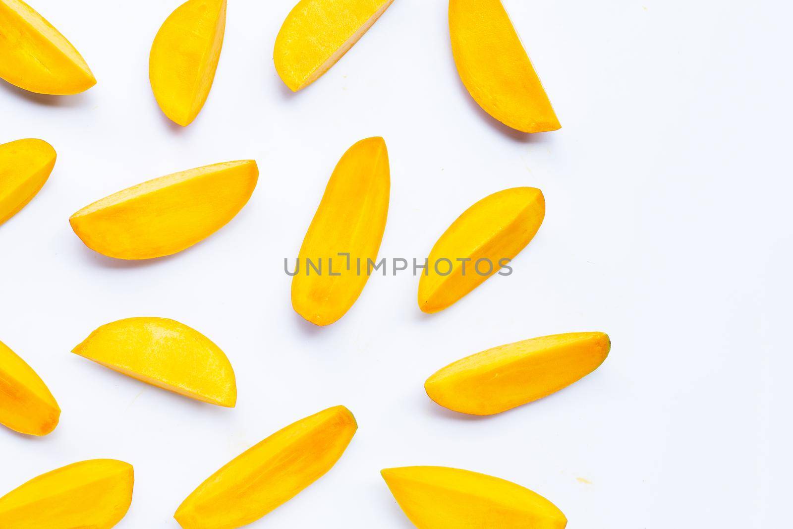 Tropical fruit, Mango slices  on white background.