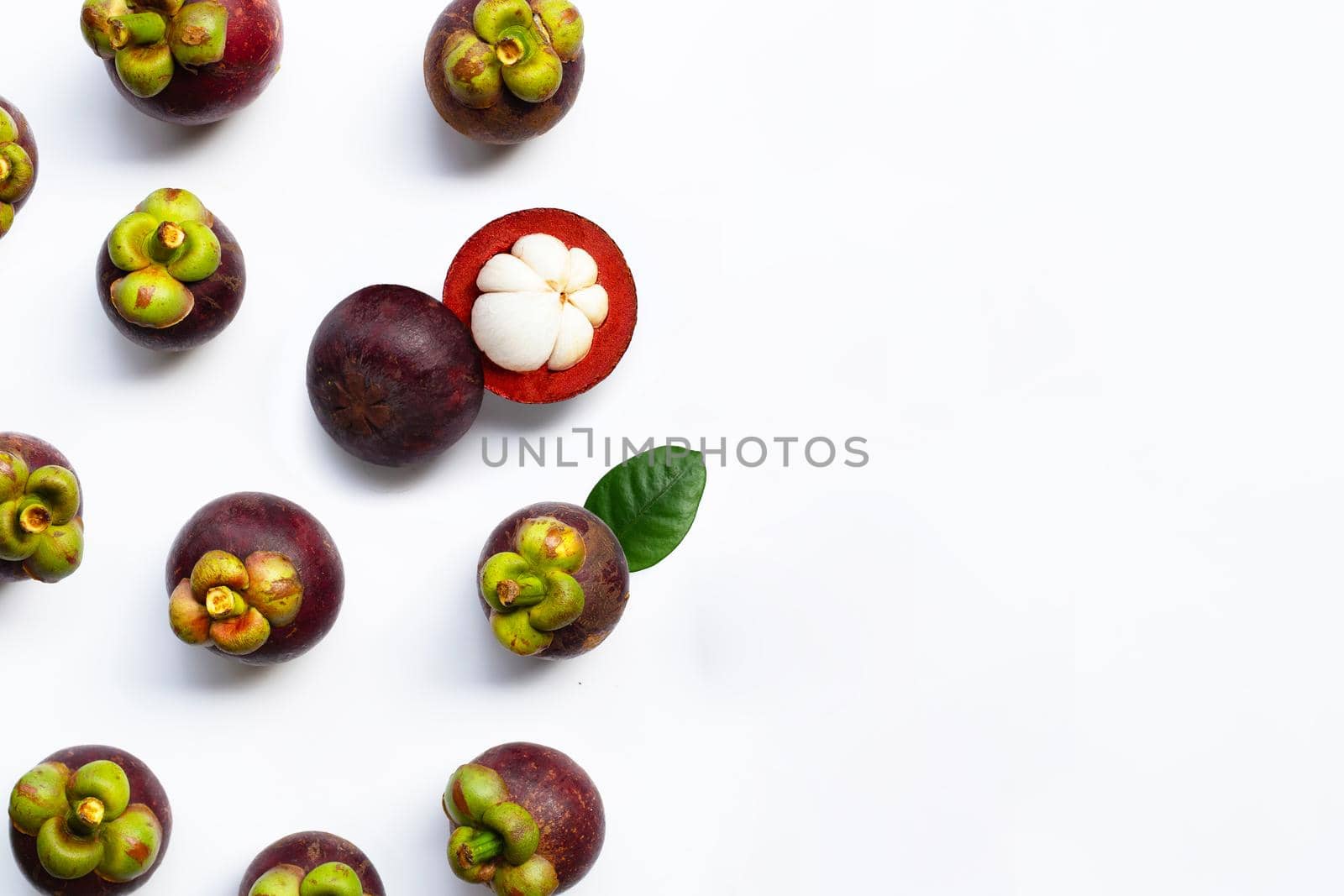 Mangosteen isolated on white background. Top view