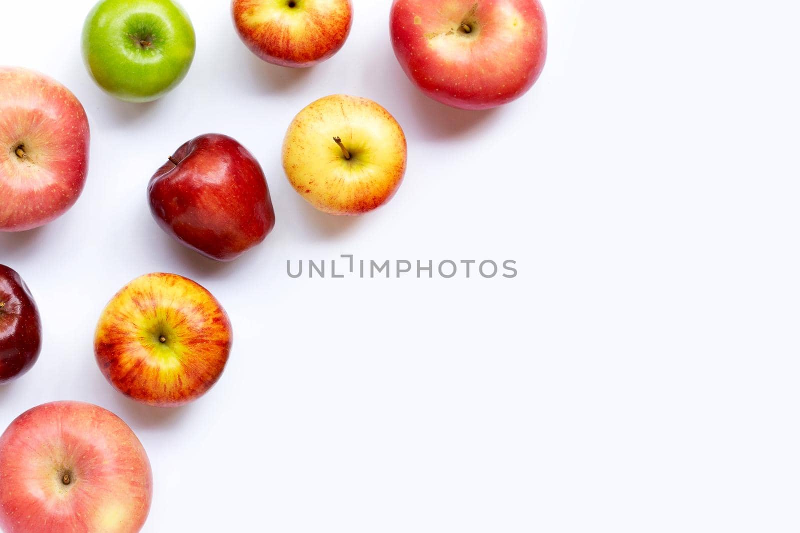 Ripe apples on white background. Top view