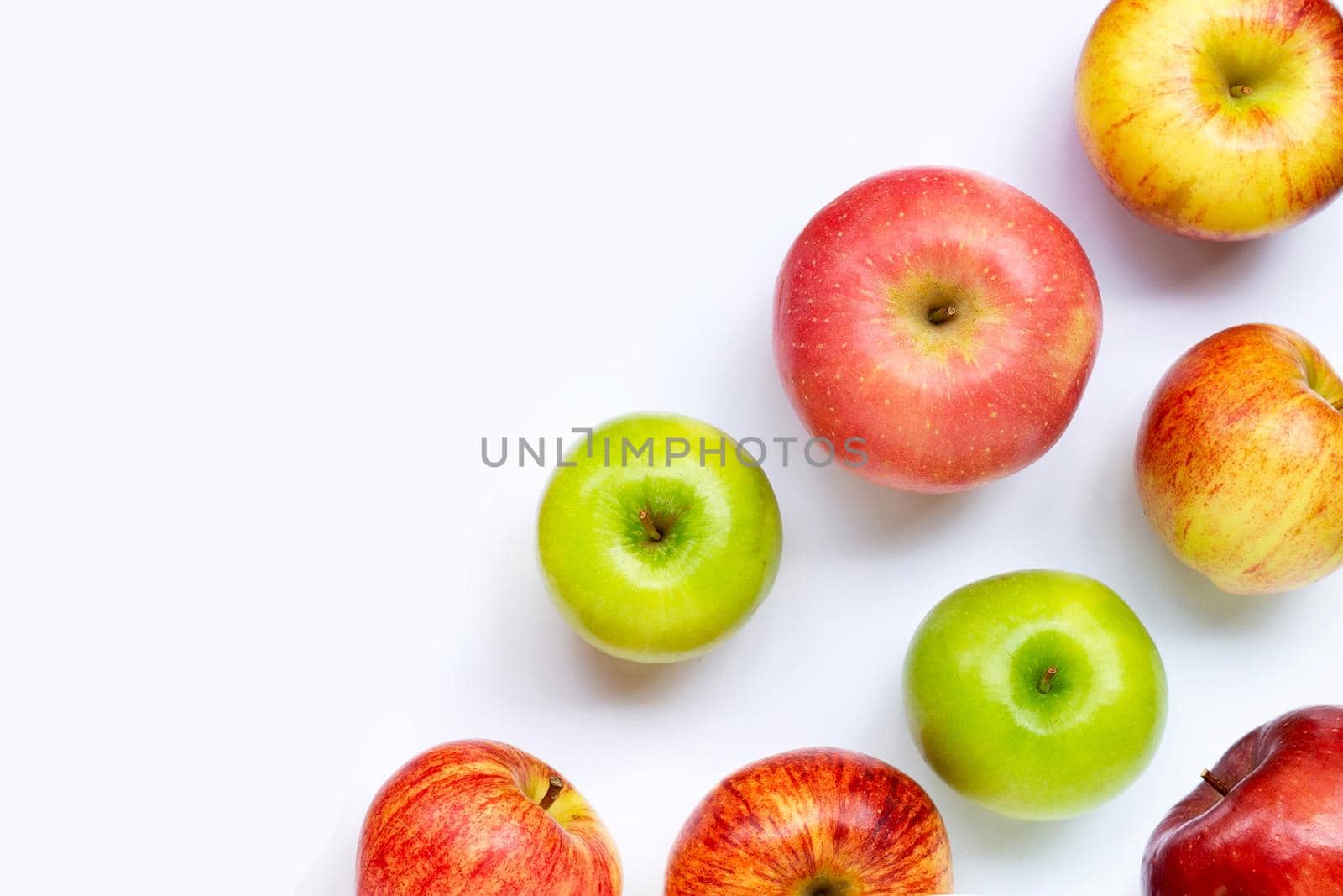 Ripe apples on white background. Top view