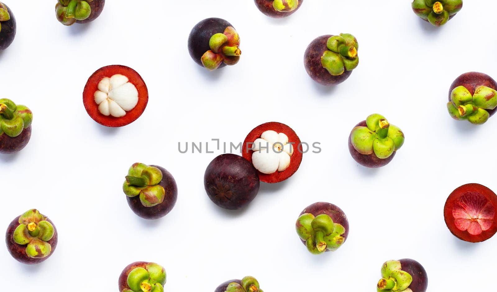 Mangosteen on white background. Top view