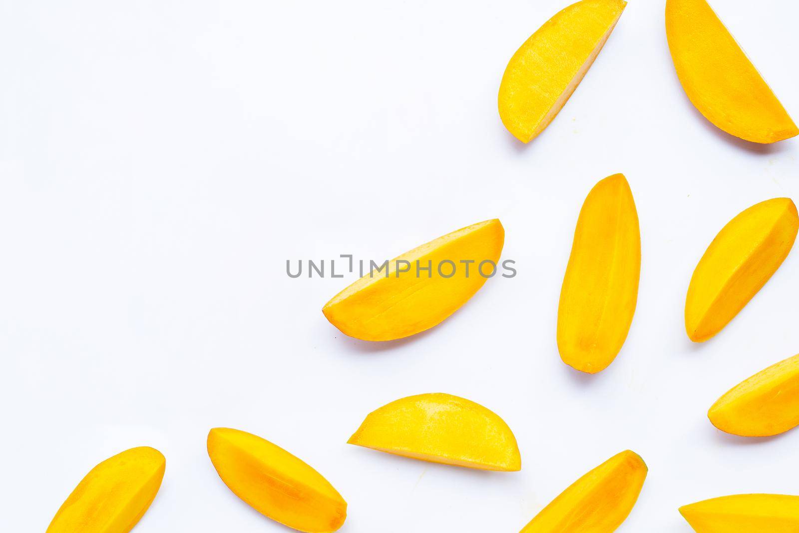 Tropical fruit, Mango slices  on white background.
