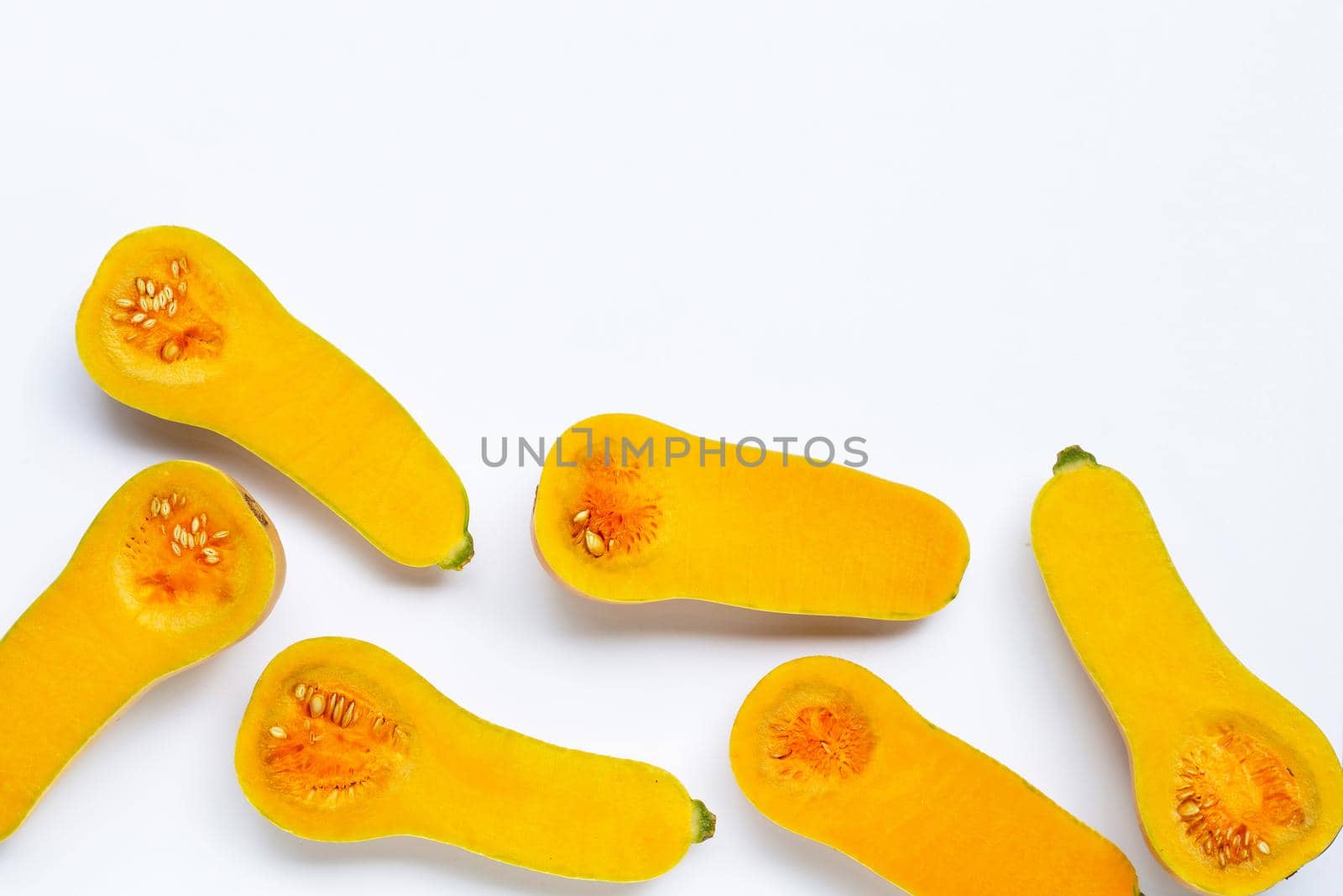 Butternut squash on blue background. Copy space