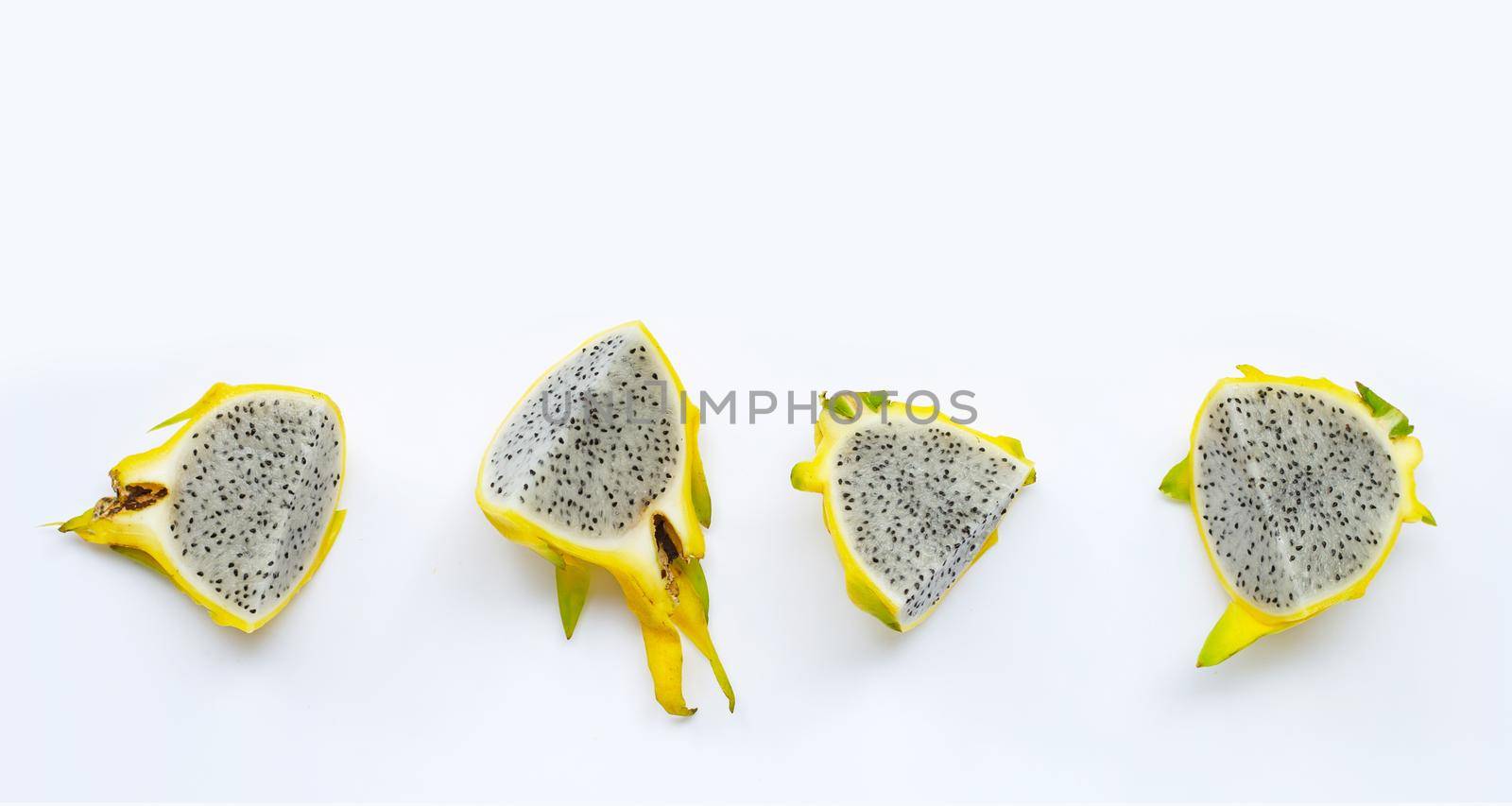 Yellow pitahaya or dragon fruit on white background. Copy space