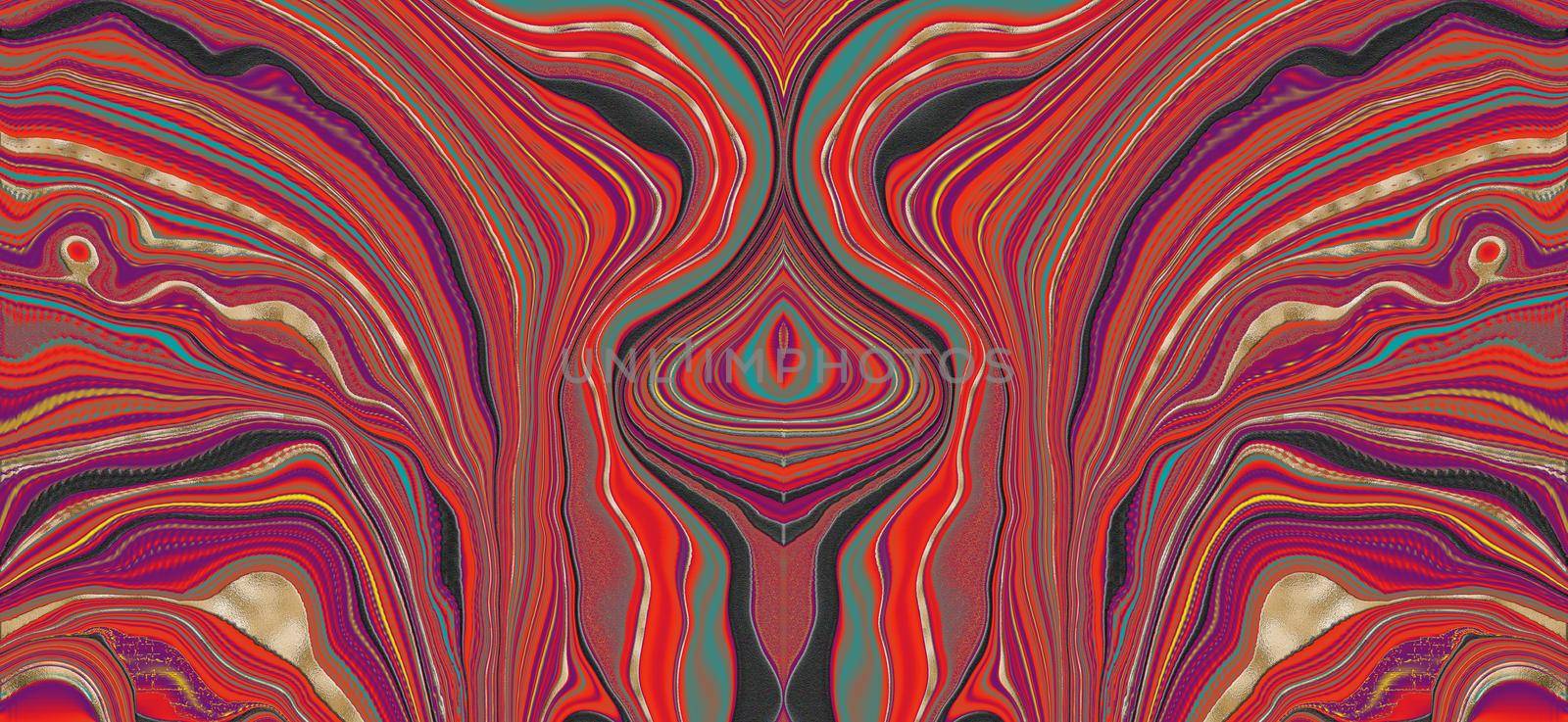 Red colourful textured background. Abstract pattern, marbling agate texture and shiny gold curves background. Fluid futuristic effect. illustration