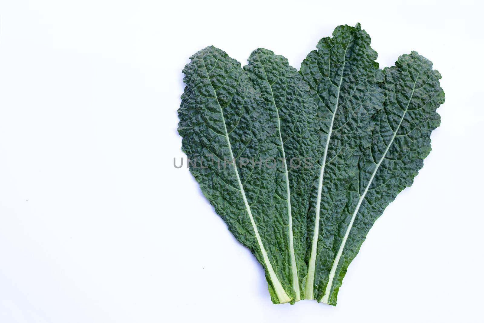Fresh organic green kale leaves on white background.