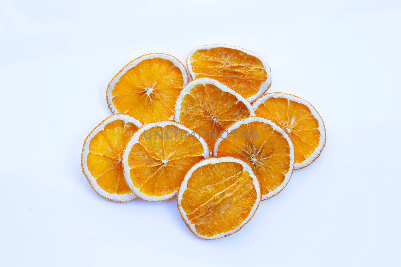 Dried Orange slices on white background.