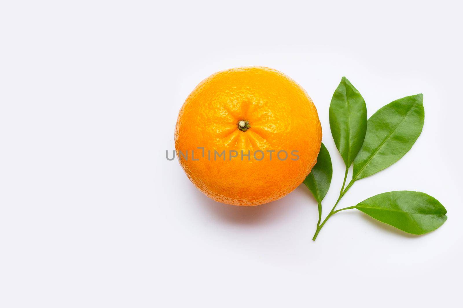 High vitamin C, Juicy and sweet. Fresh orange fruit with green leaves  on white background