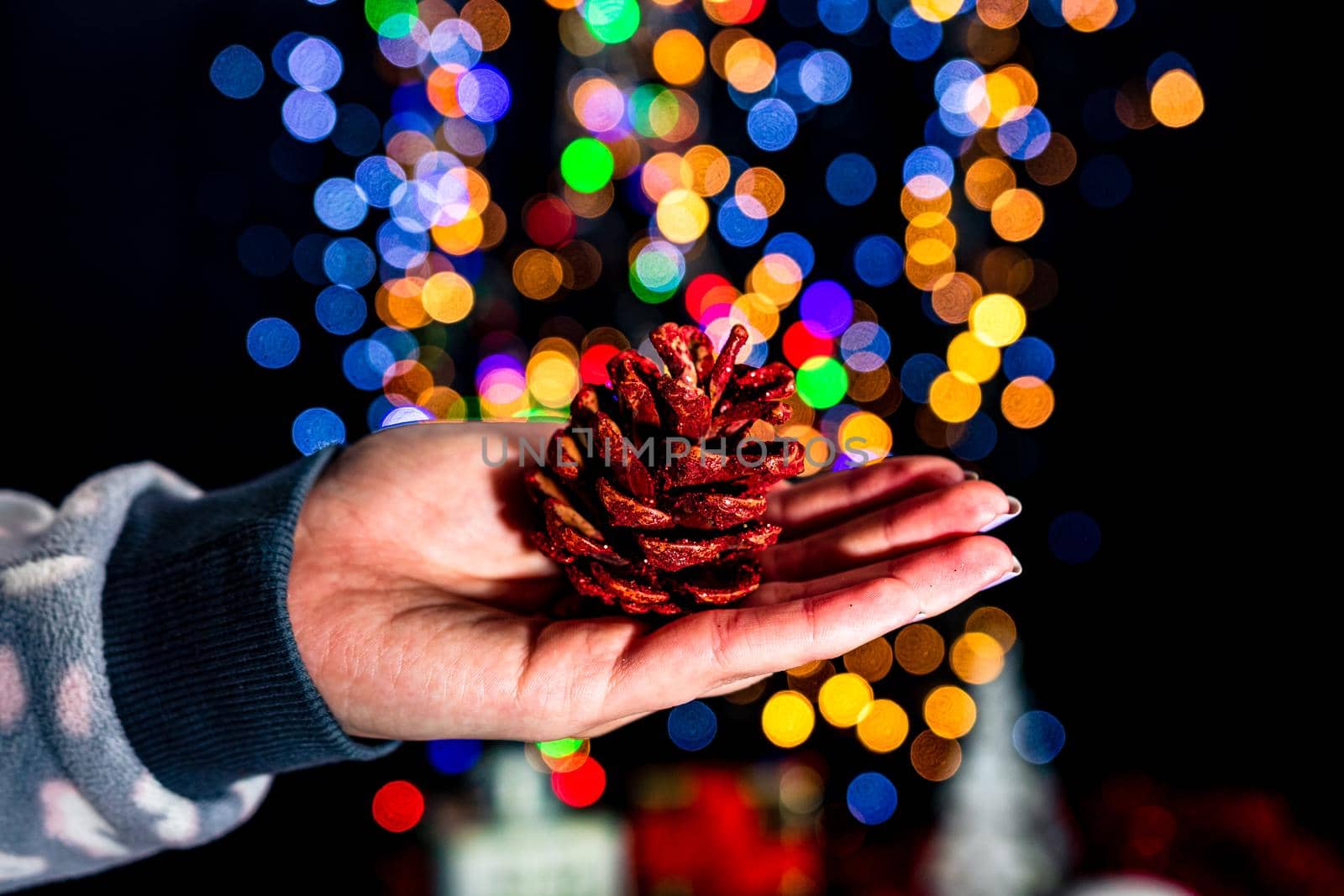 Holding Christmas pine cone decoration isolated on background with blurred lights. December season, Christmas composition.