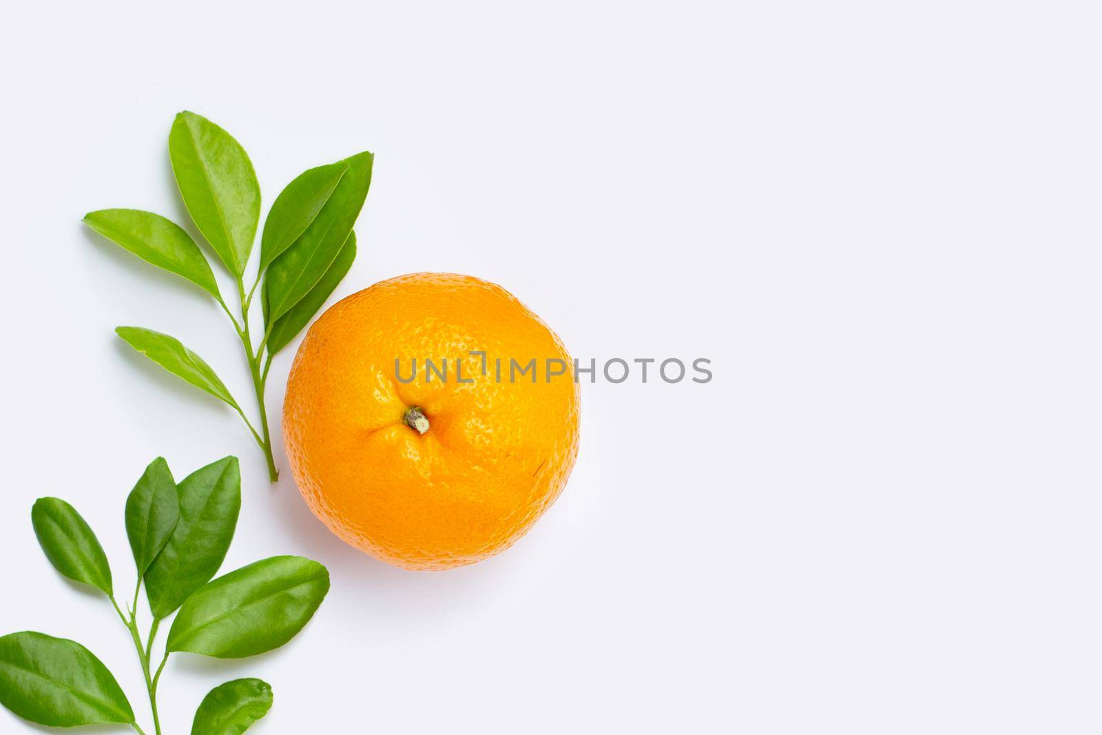High vitamin C, Juicy and sweet. Fresh orange fruit with green leaves  on white background