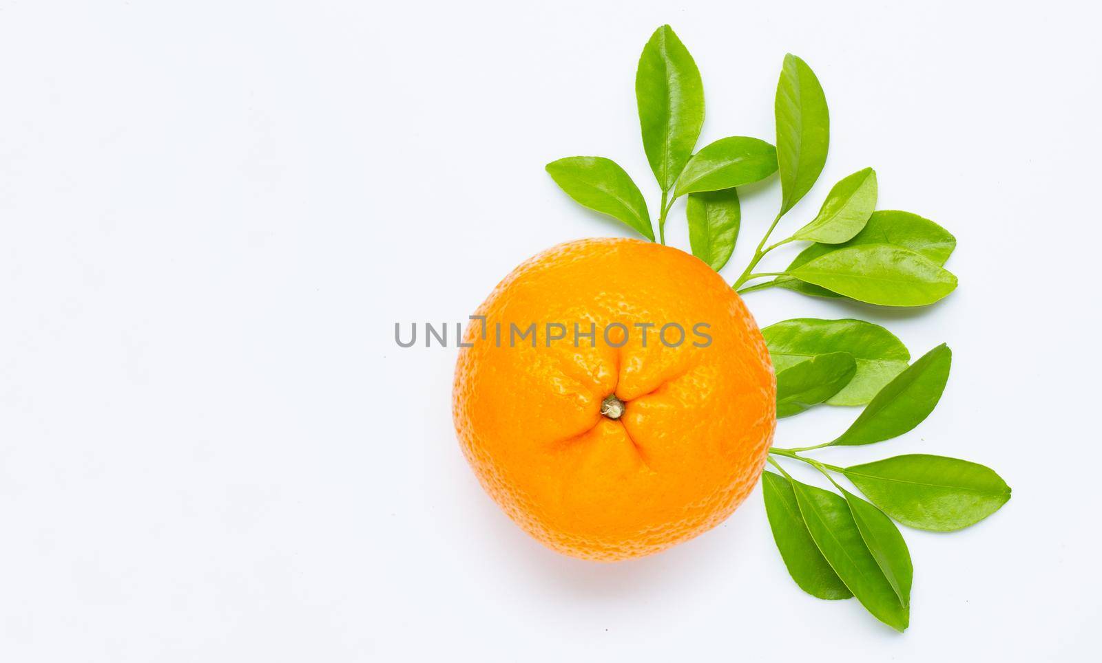 High vitamin C, Juicy and sweet. Fresh orange fruit with green leaves  on white background