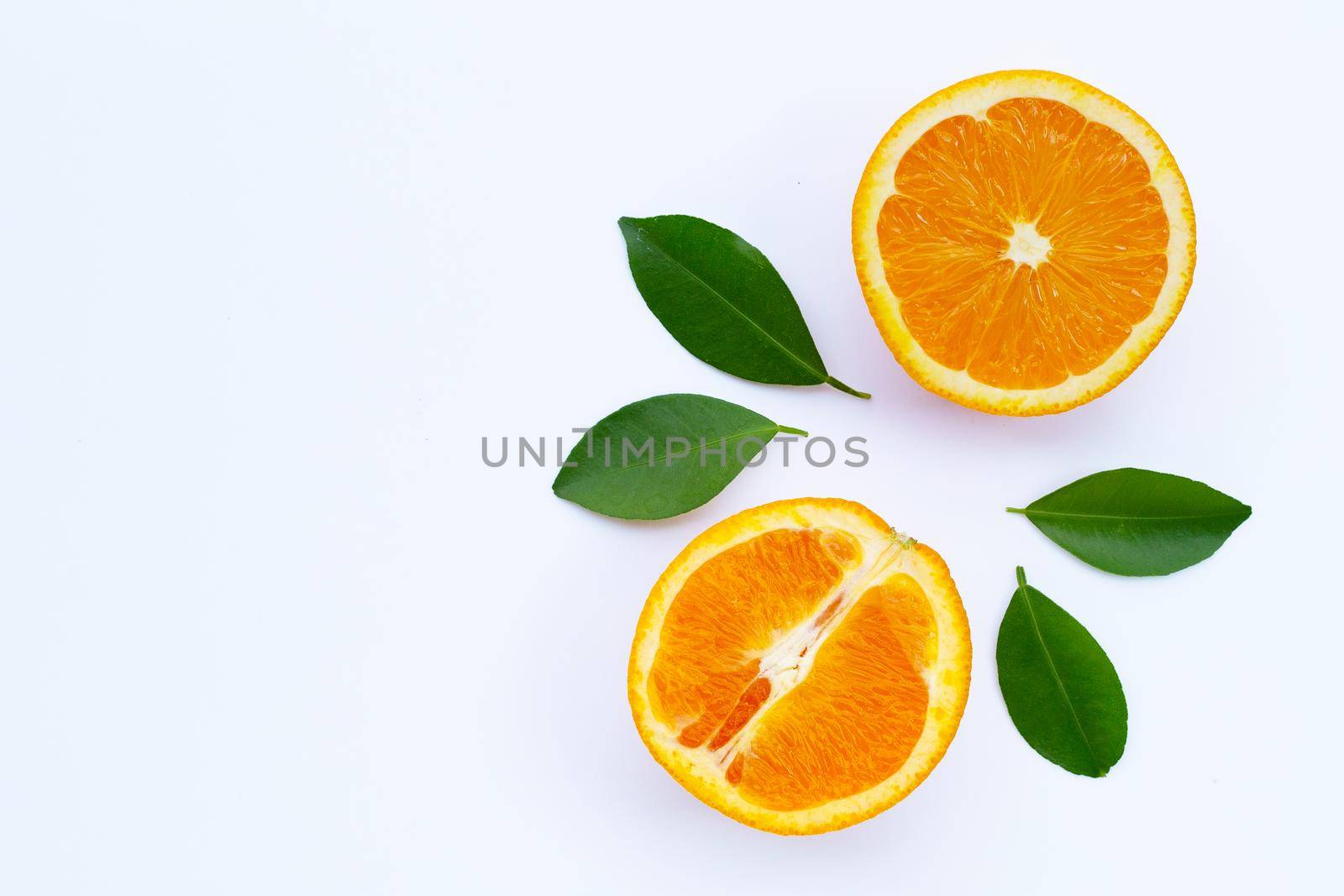 High vitamin C, Juicy and sweet. Fresh orange fruit with green leaves on white background.