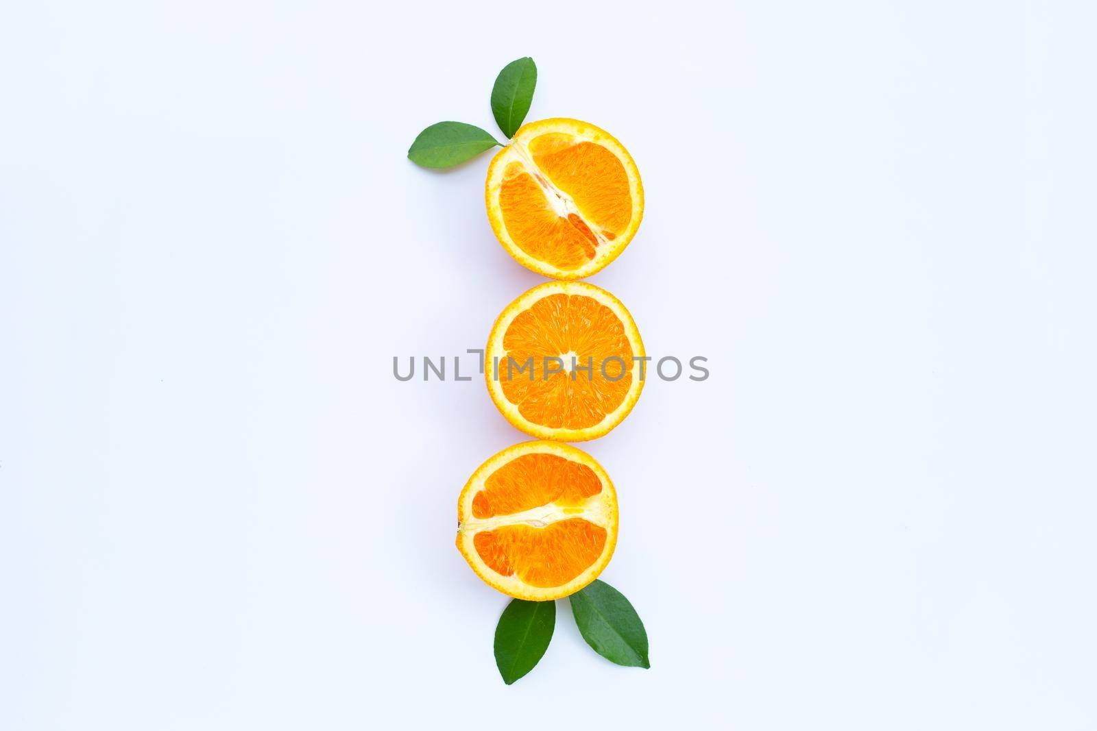 High vitamin C, Juicy and sweet. Fresh orange fruit with green leaves on white background.