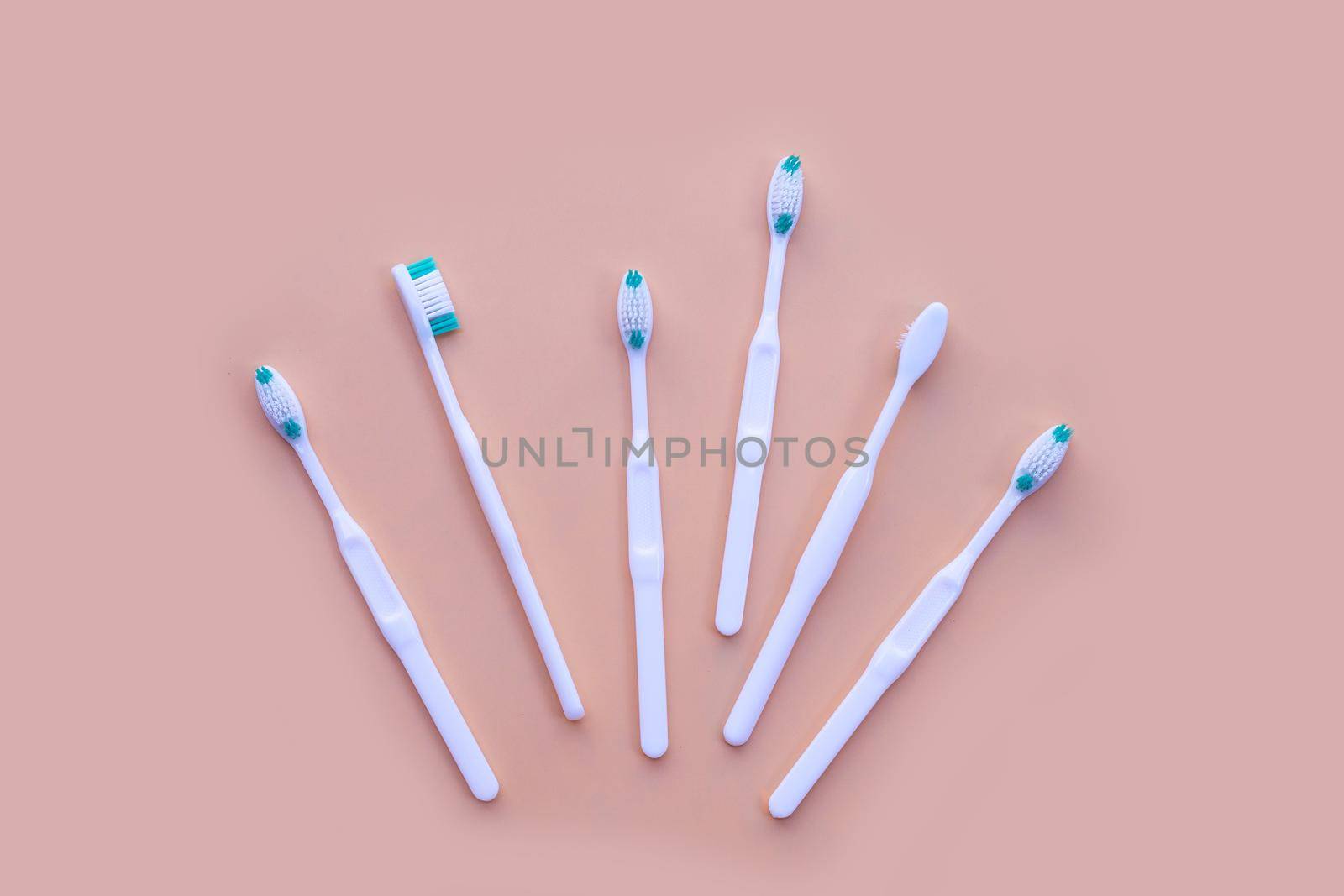 Top view of toothbrushes. Dental care concept