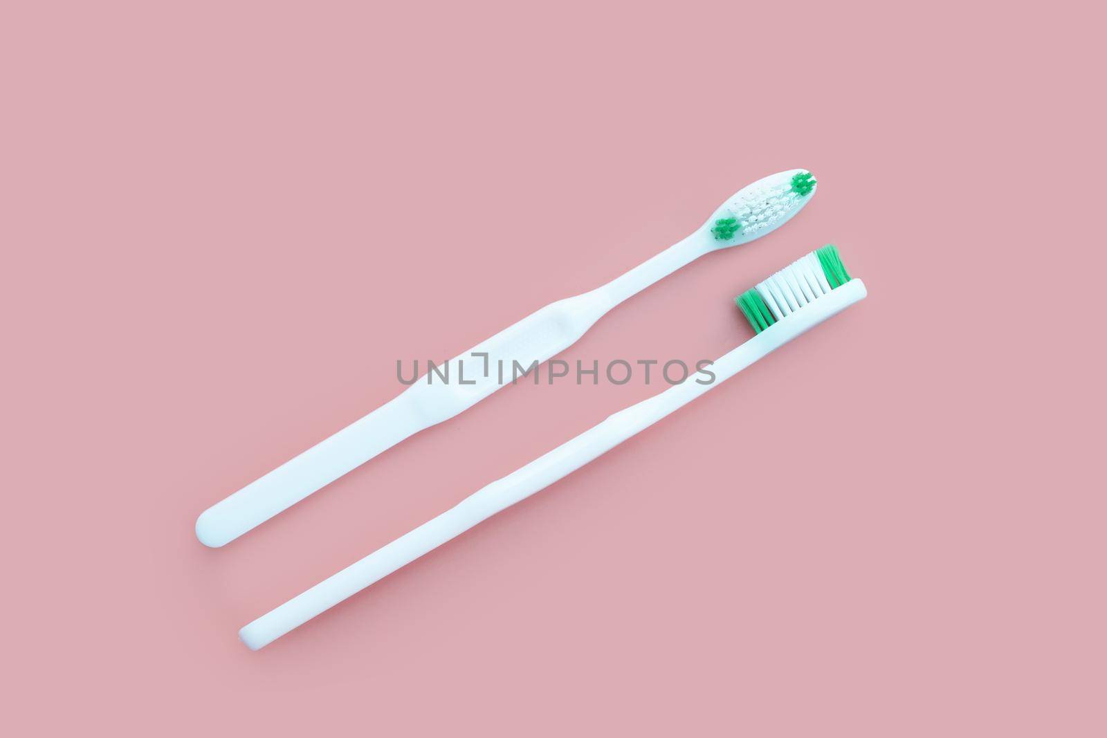 Top view of toothbrushes. Dental care concept