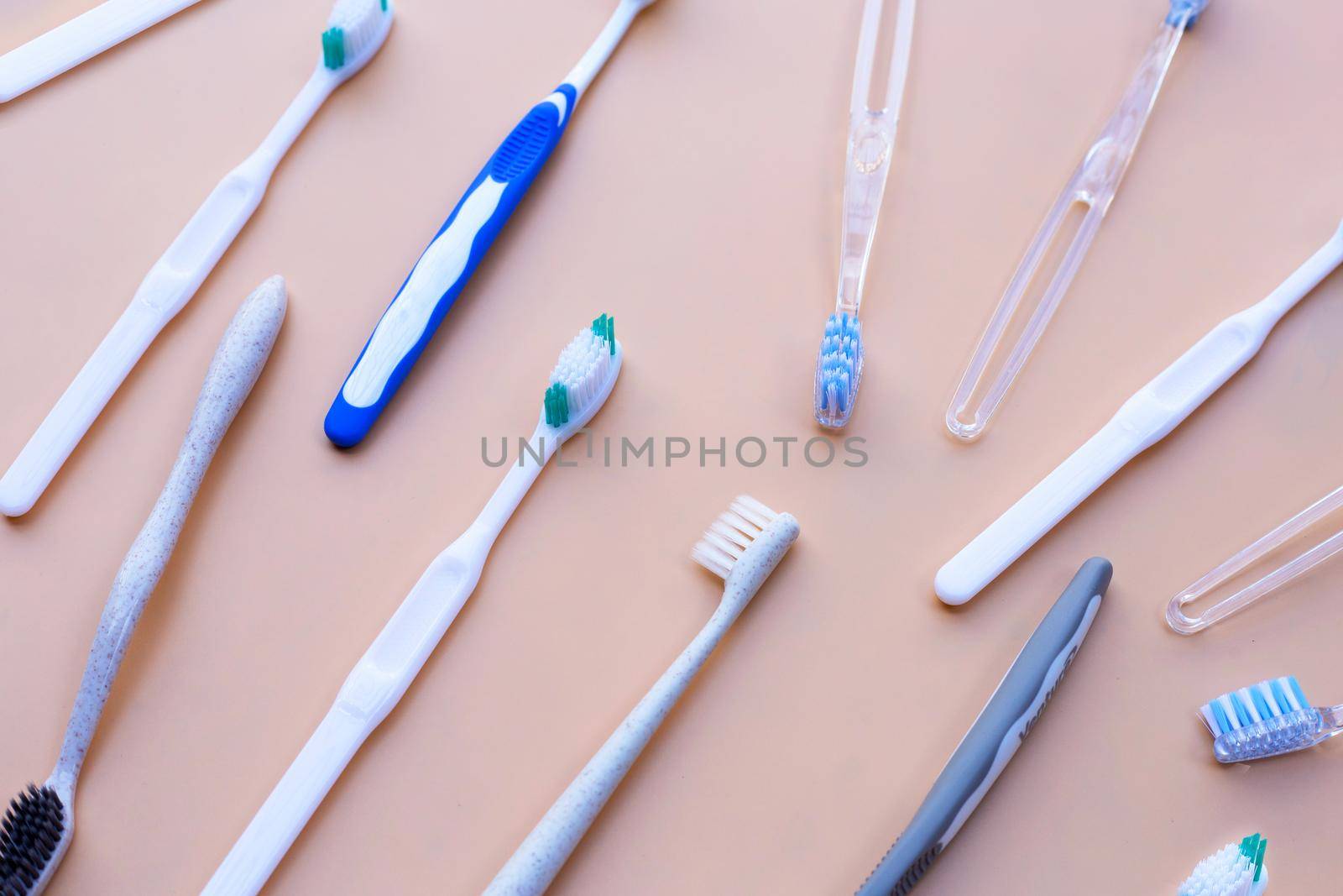 Top view of toothbrushes. Dental care concept