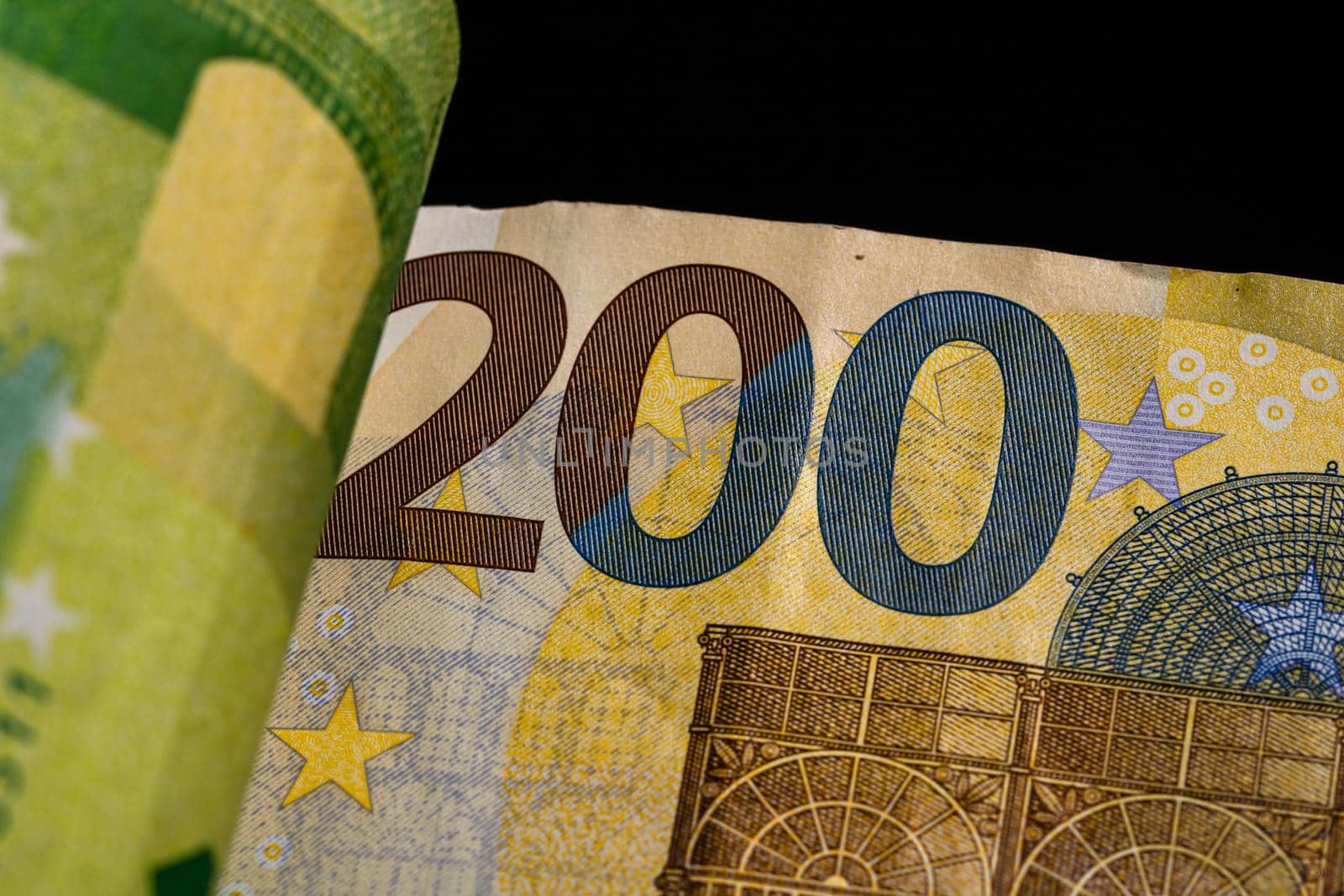 Detail of euro banknote, close up of euro money isolated.