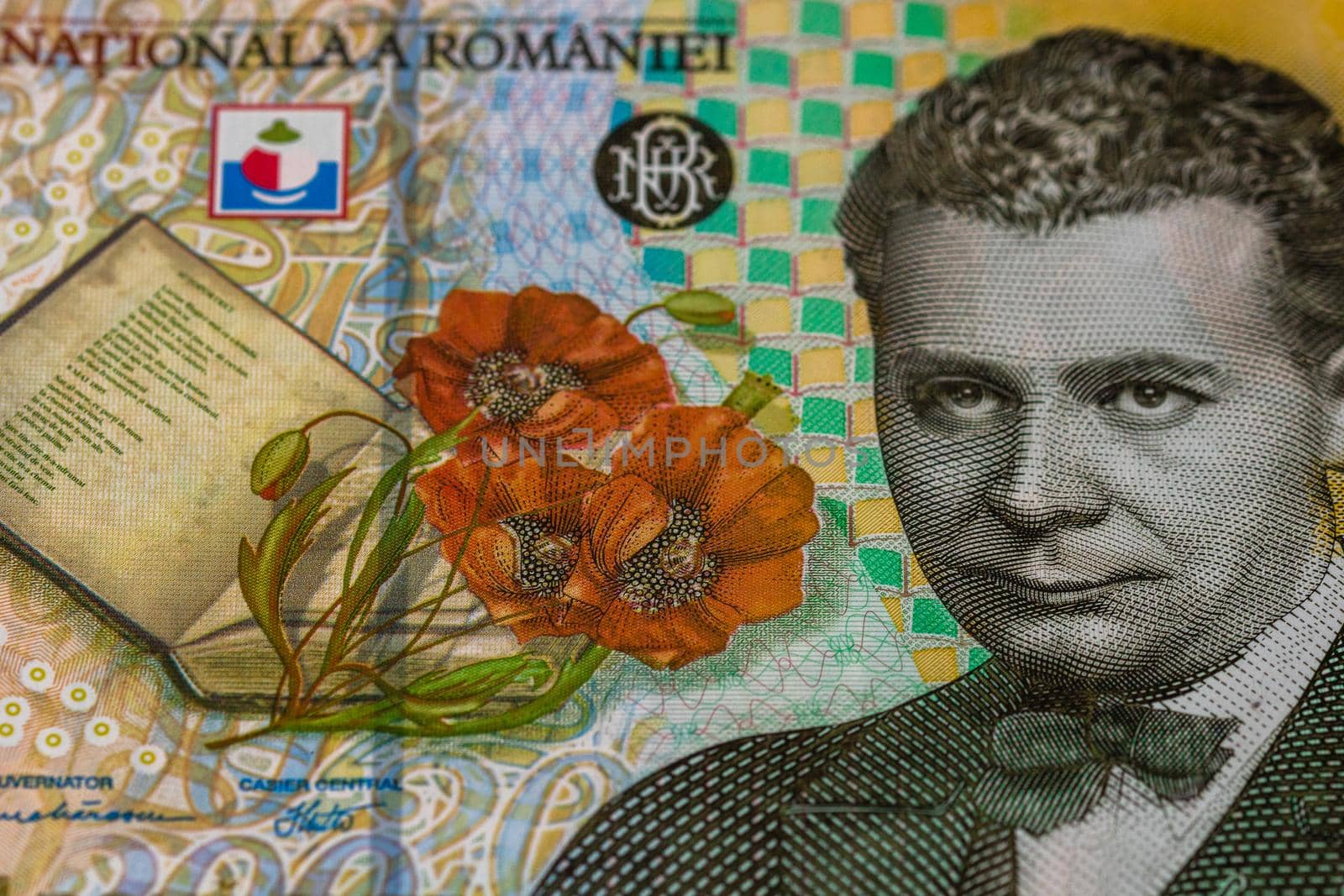 Selective focus on detail of lei banknotes. Close up macro detail of romanian lei banknotes, 200 lei isolated. World money concept, inflation and economy concept