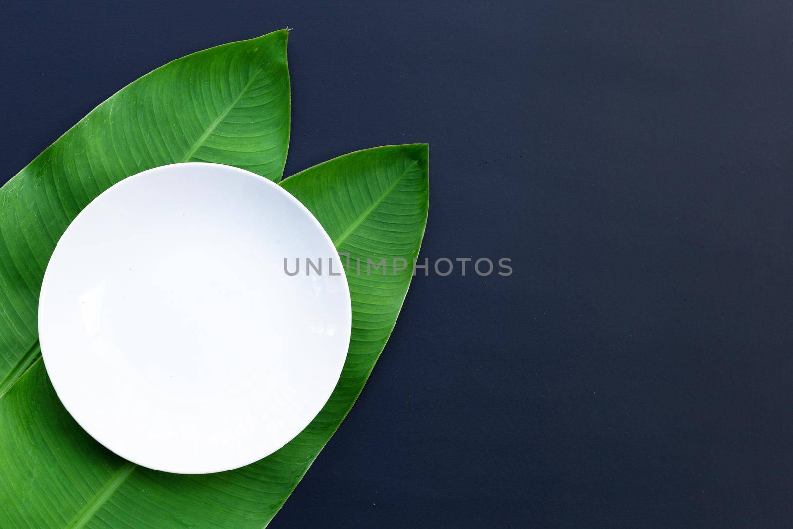 Empty white plate on tropical banana leaves on dark background. Top view