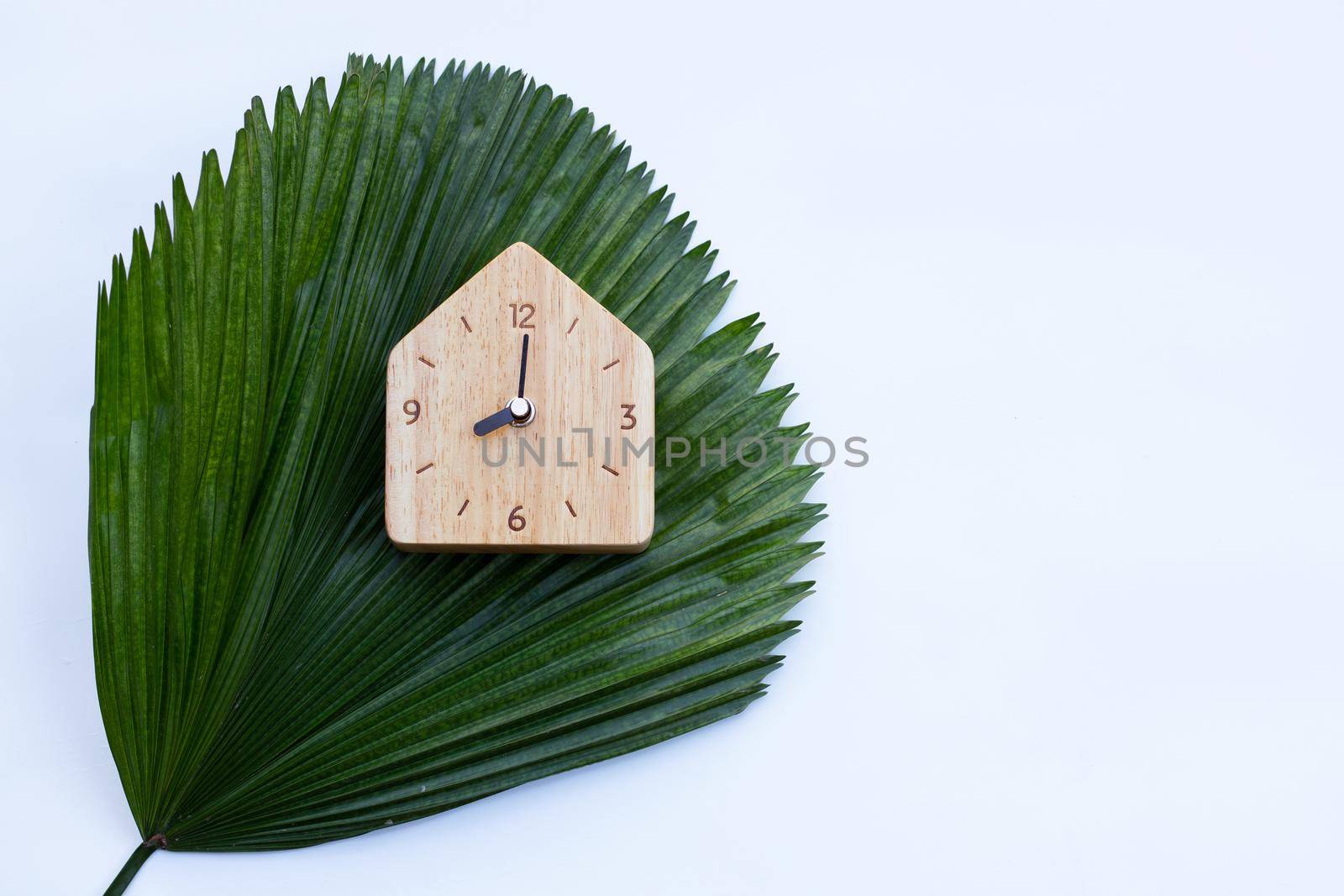 Wooden clock on green leaves on white background. Copy space by Bowonpat