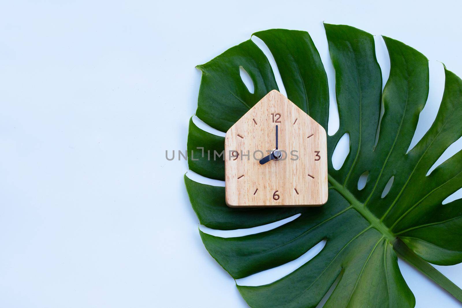 Wooden clock on green leaves on white background. Copy space by Bowonpat