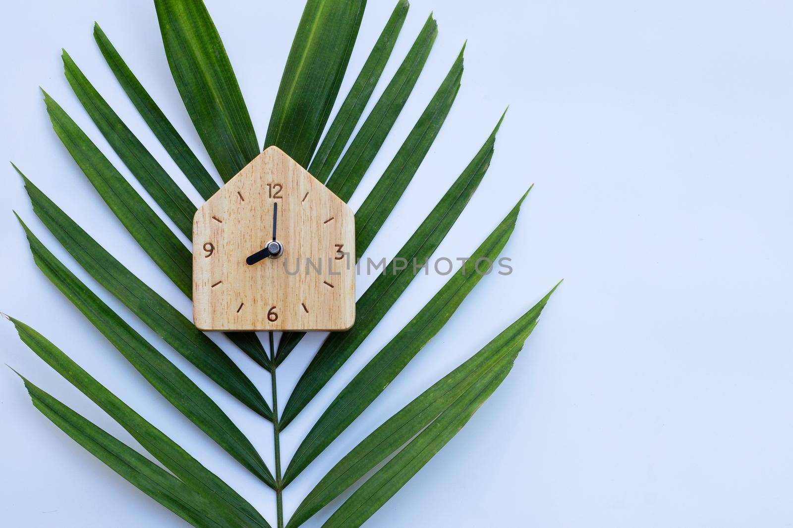 Wooden clock on palm leaves on white background. Copy space