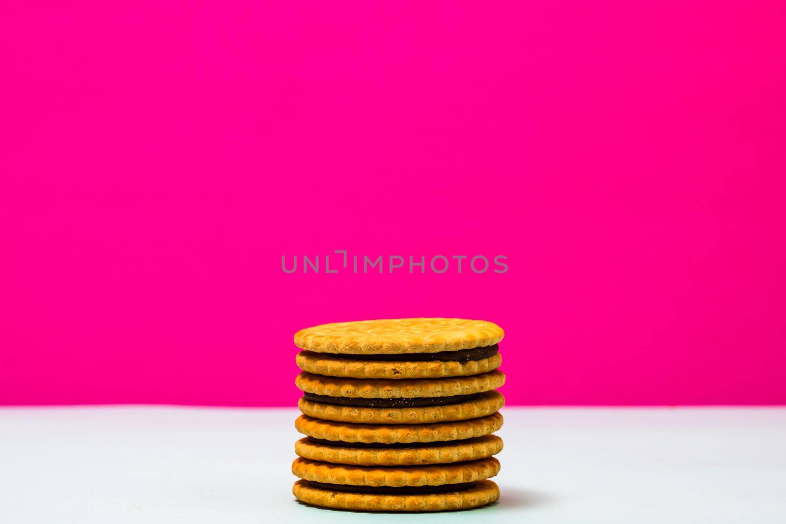 Round biscuits with chocolate cream, sandwich biscuits with chocolate filling isolated.