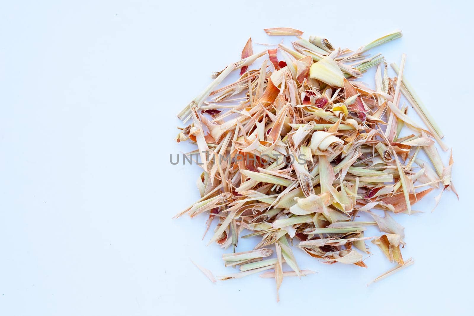 Organic dried lemongrass on white background.