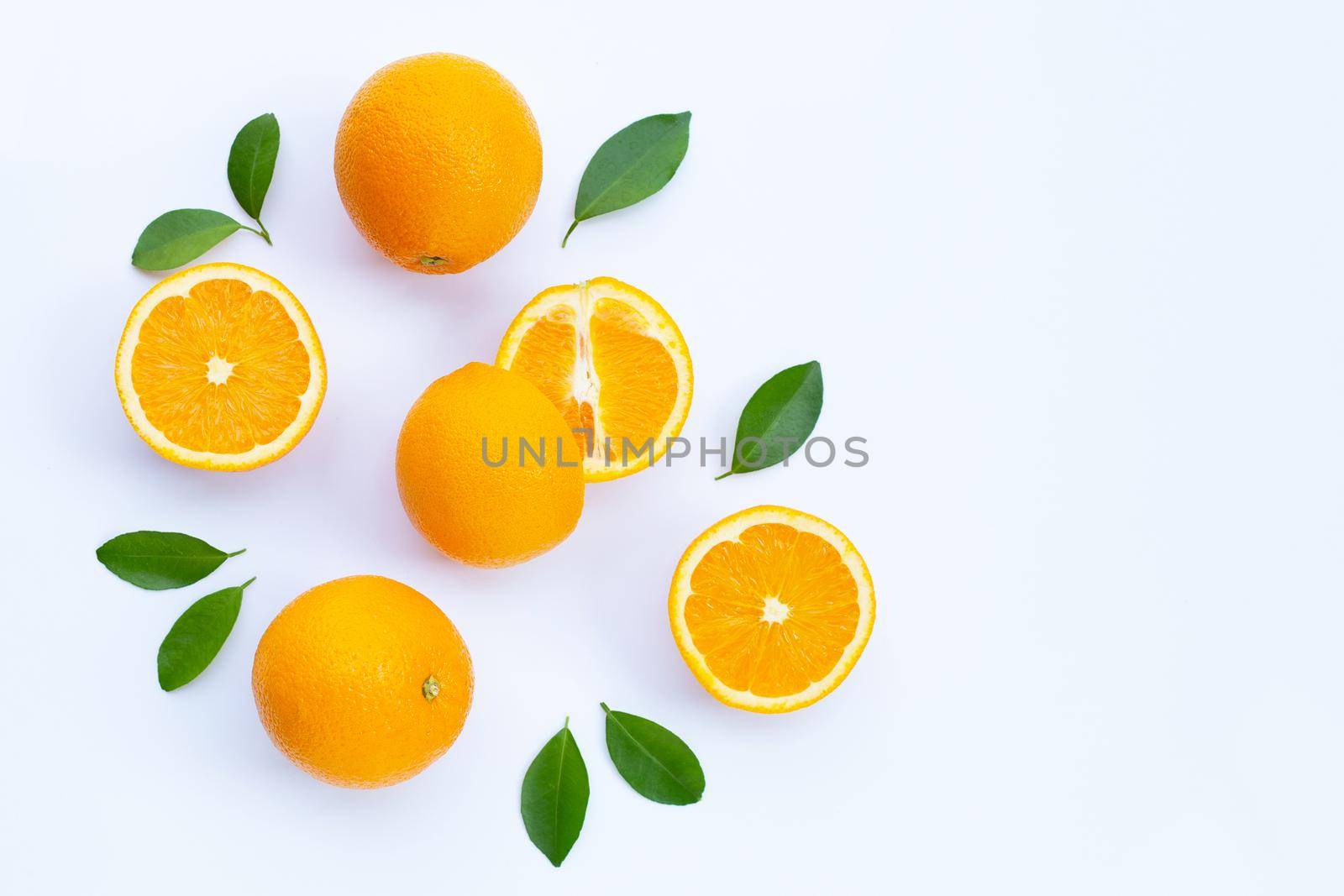 High vitamin C, Juicy and sweet. Fresh orange fruit on white background.