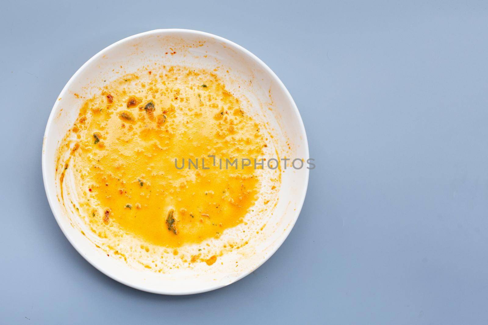 Dirty dishes on grey background. Top view