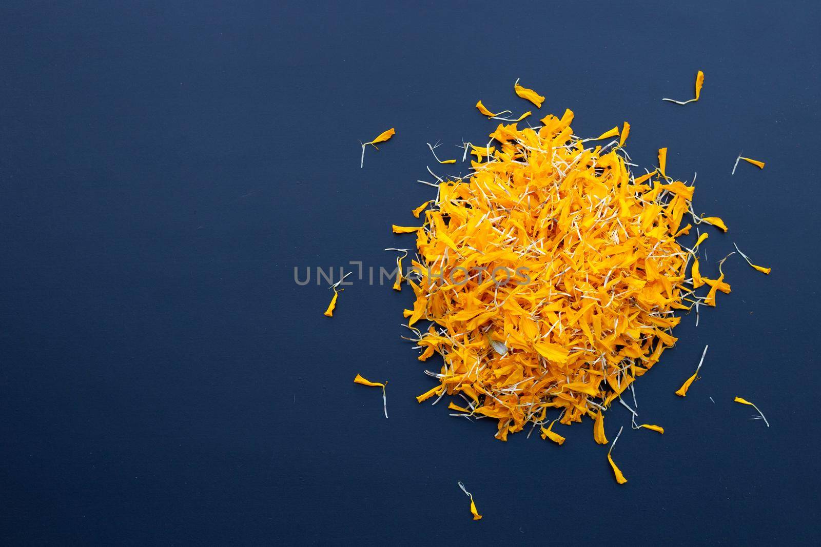 Marigold flower petals on dark background.