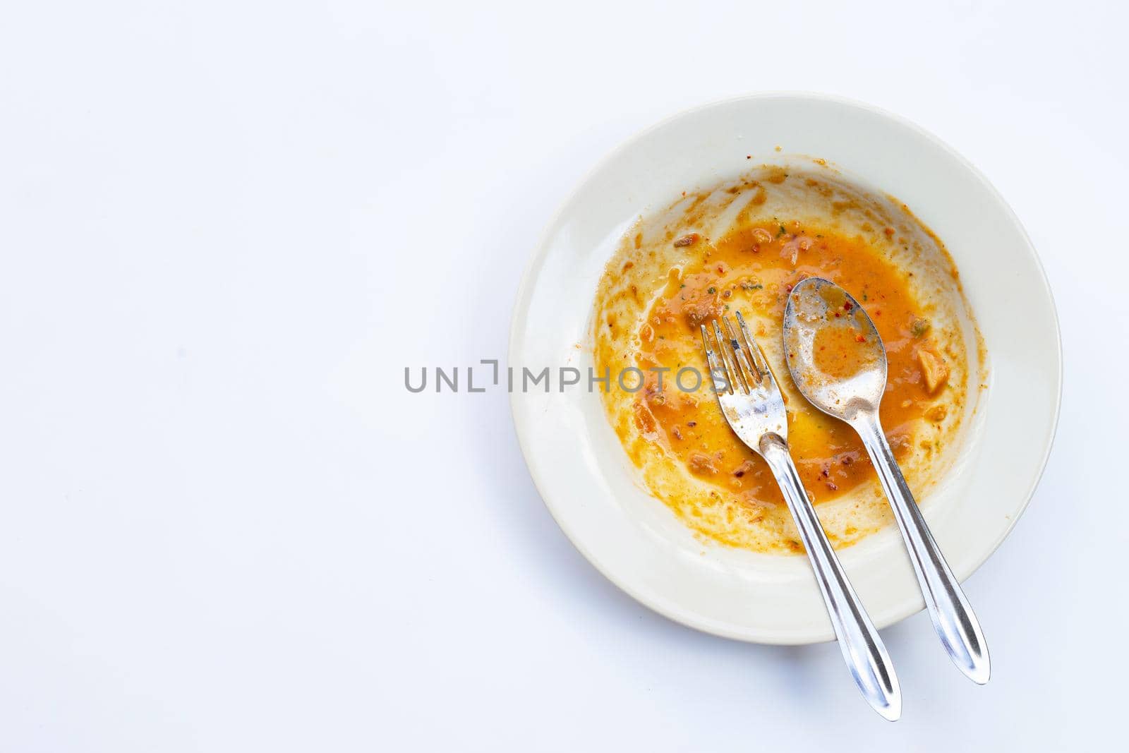 Dirty dishes on white background. Top view
