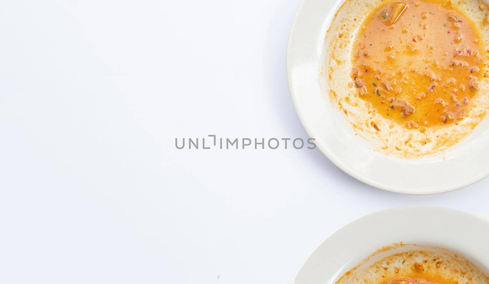 Dirty dishes on white background. Top view