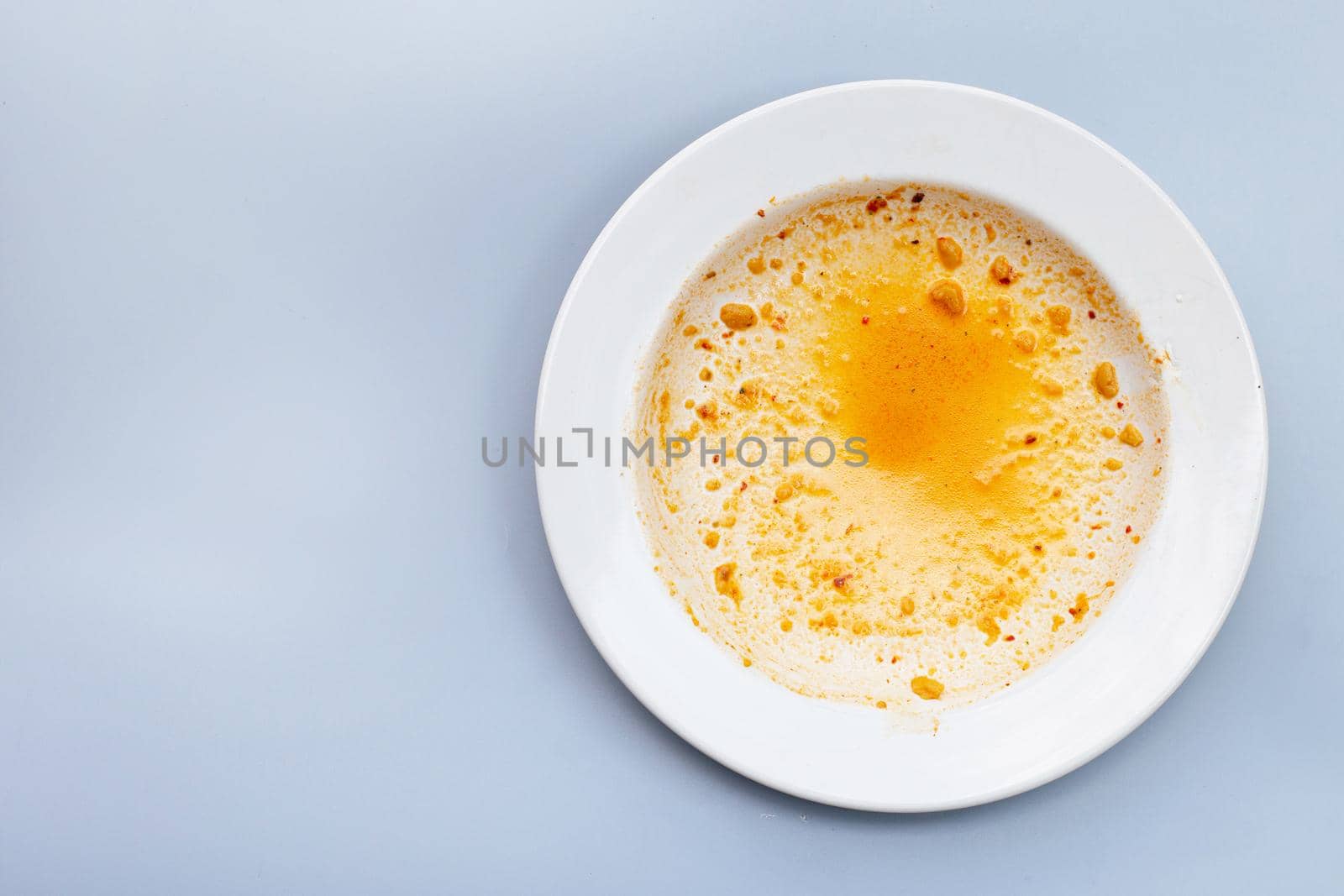 Dirty dishes on grey background. Top view