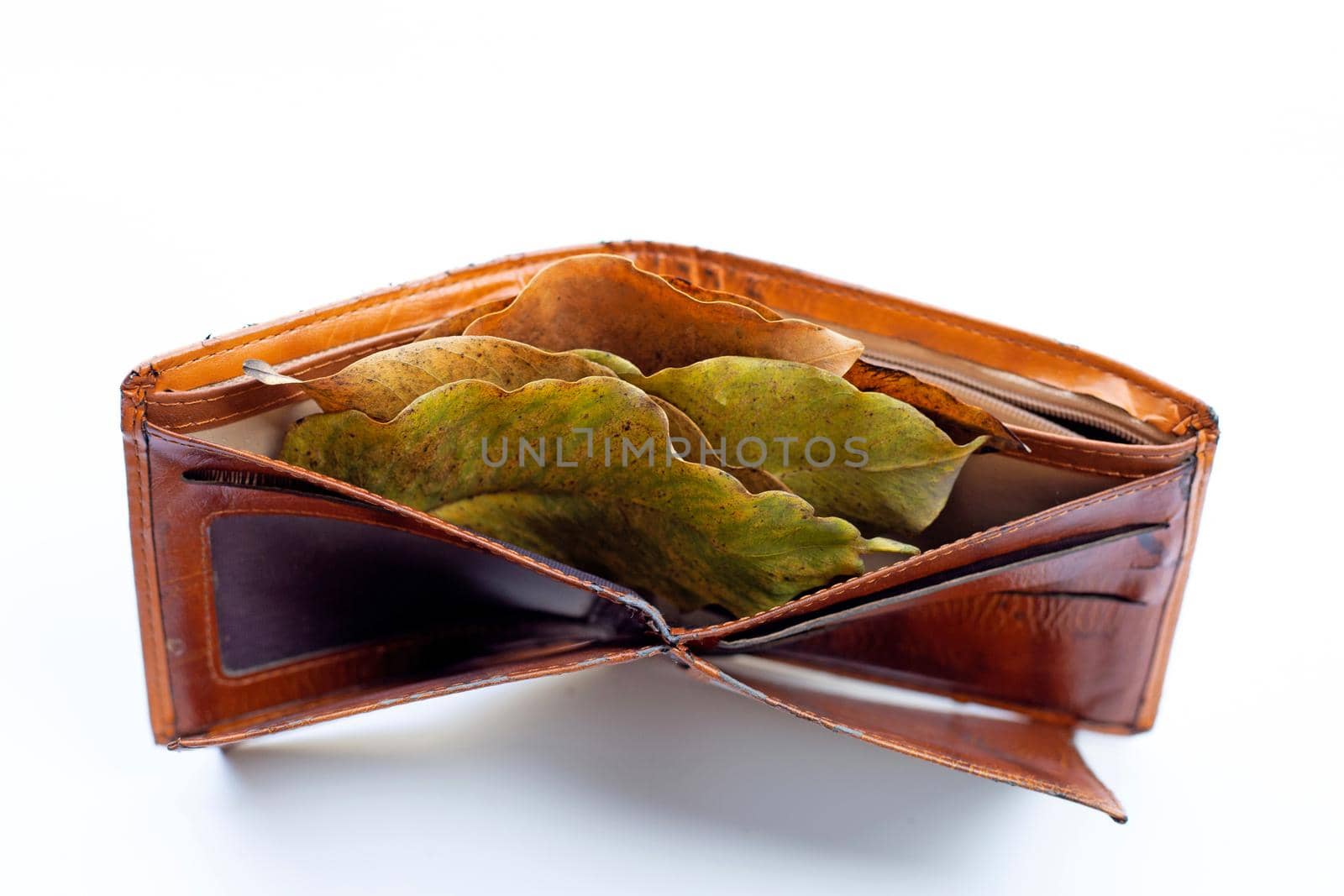 Wallet with dry leaves on white background. Poor or no money concept.