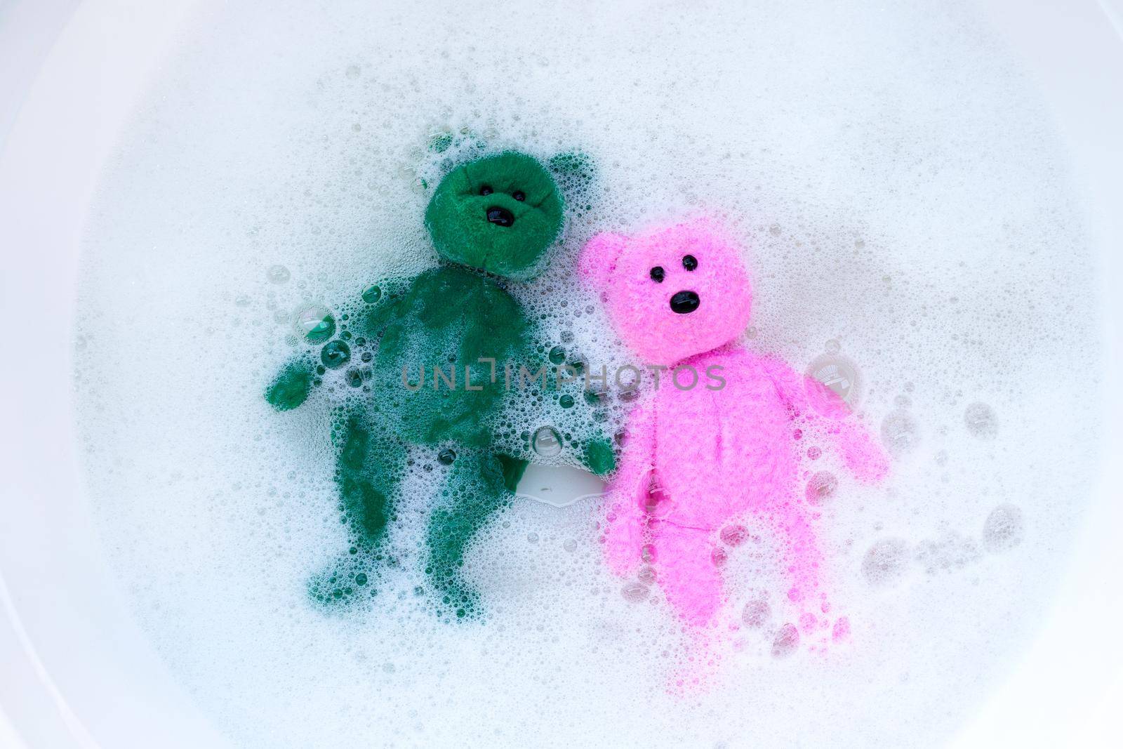 Soak toy bears in laundry detergent water dissolution before washing.  Laundry concept, Top view by Bowonpat