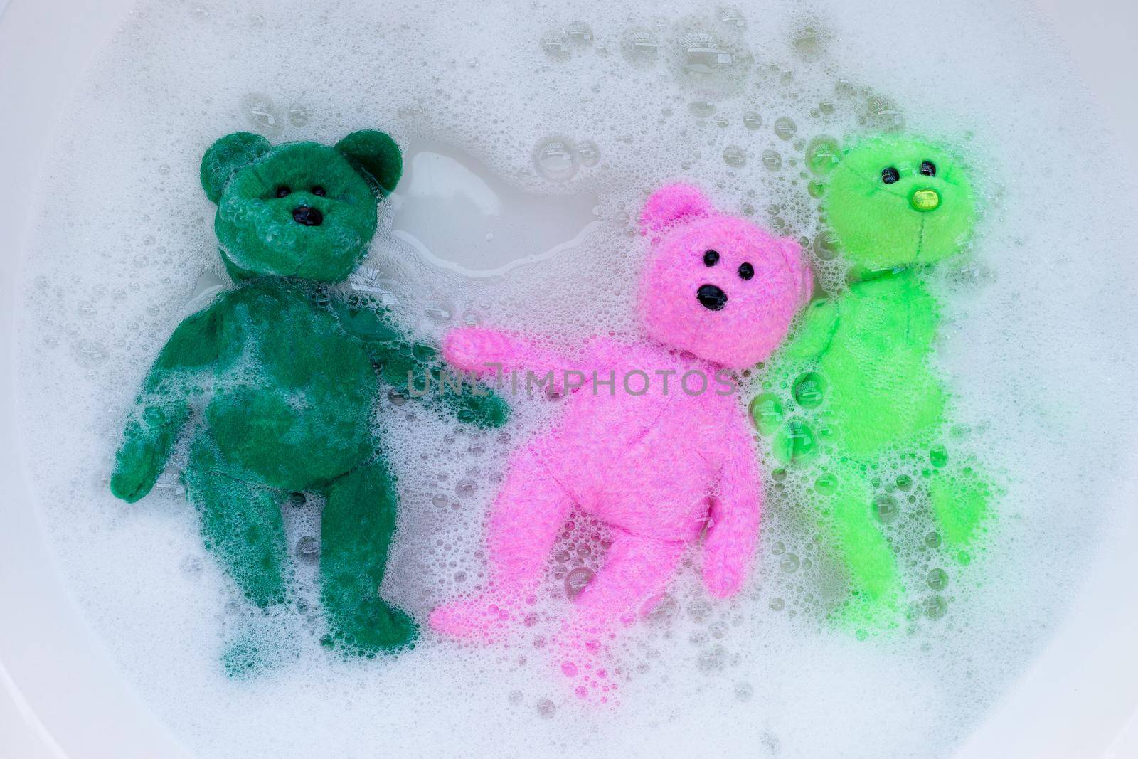 Soak toy bears in laundry detergent water dissolution before washing.  Laundry concept, Top view by Bowonpat
