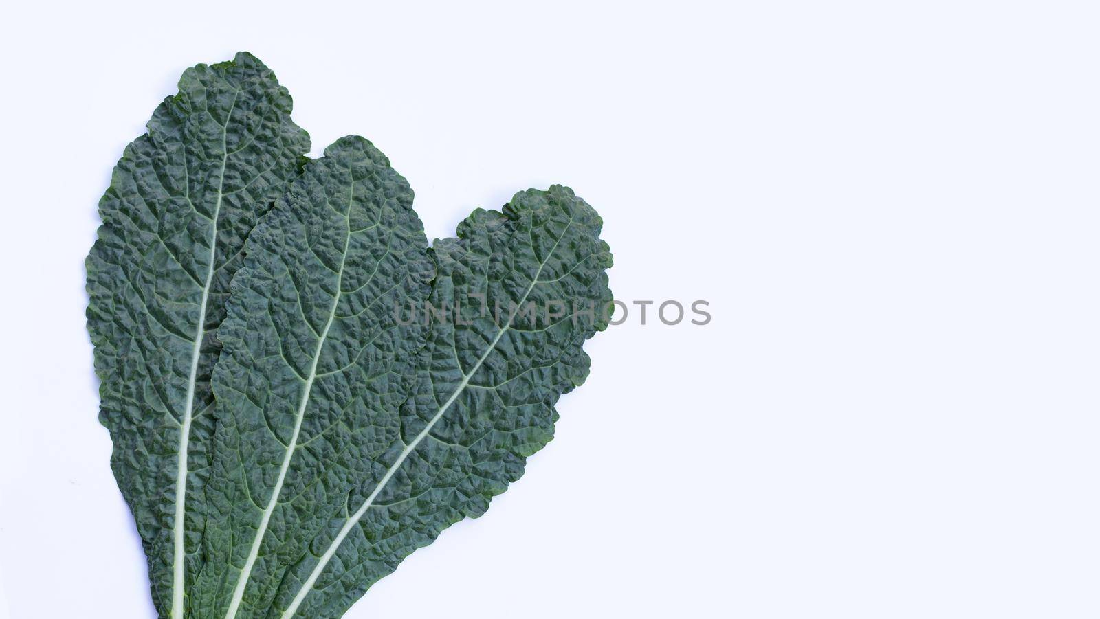 Fresh organic green kale leaves on white background. by Bowonpat