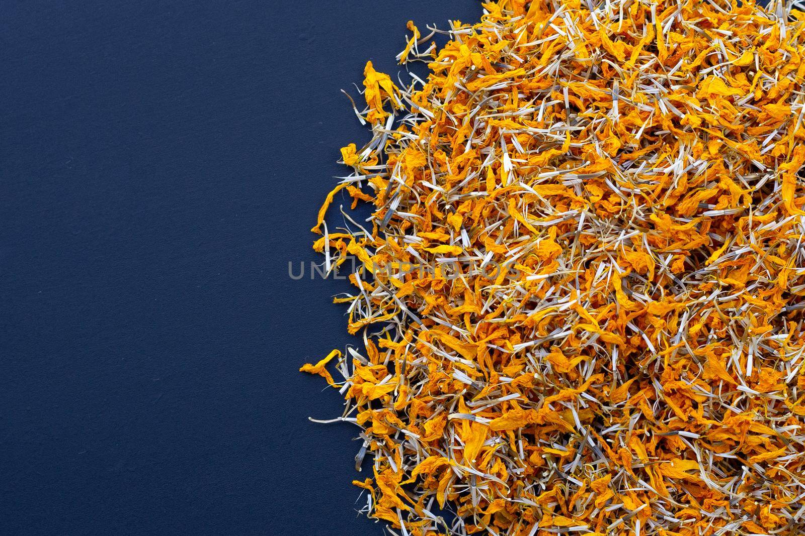 Dried petals of marigold flower on dark background.