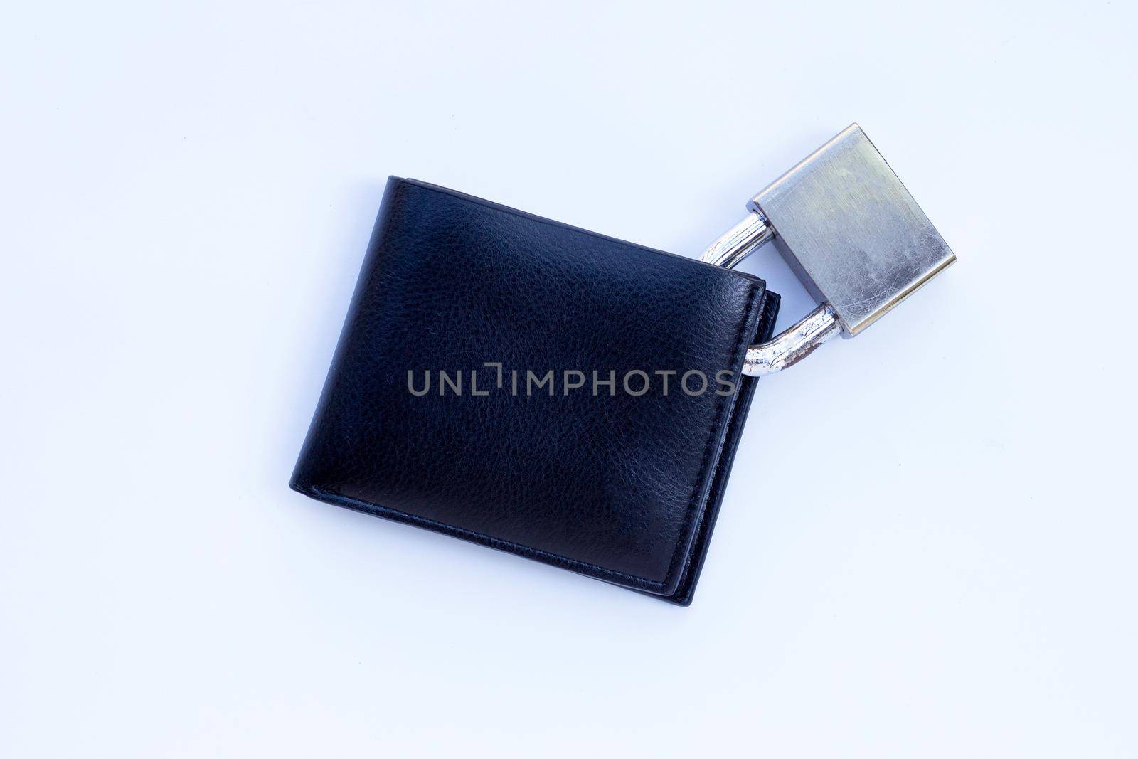 Wallet with padlock on white background. Copy space