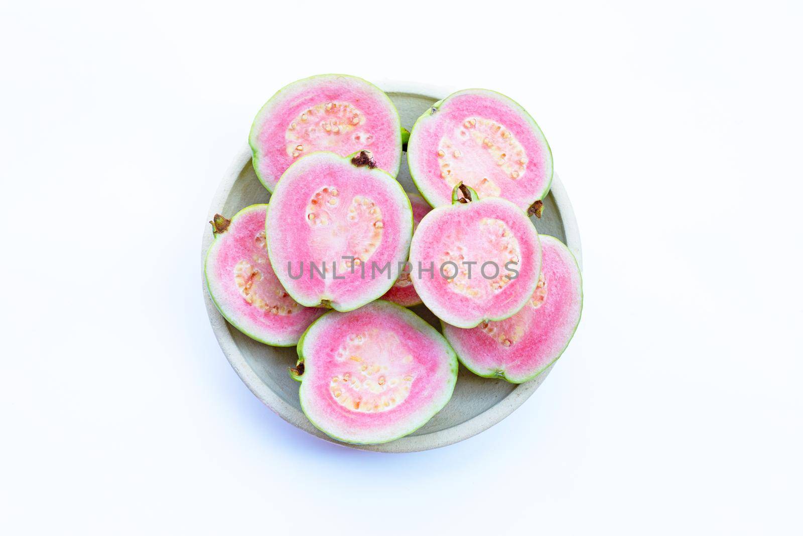 Pink guava on white background.