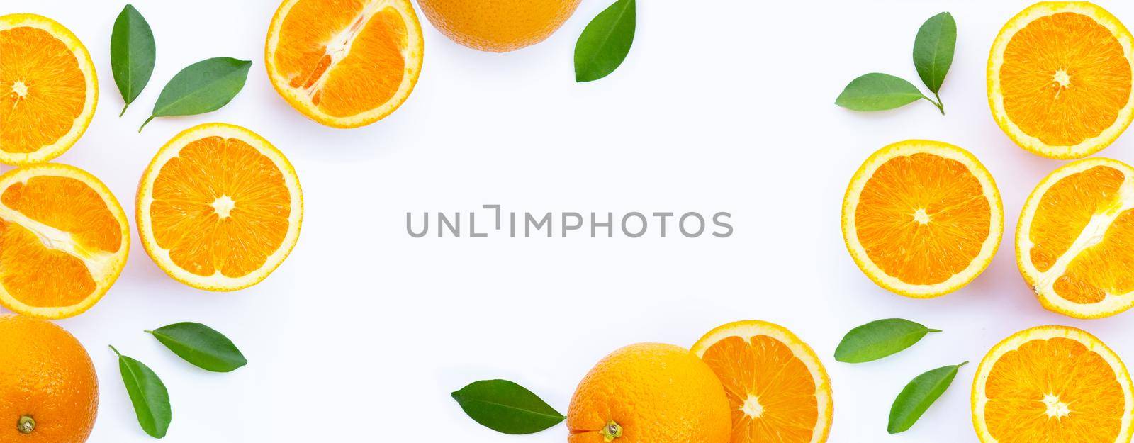 High vitamin C, Juicy and sweet. Frame made of fresh orange fruit on white background.